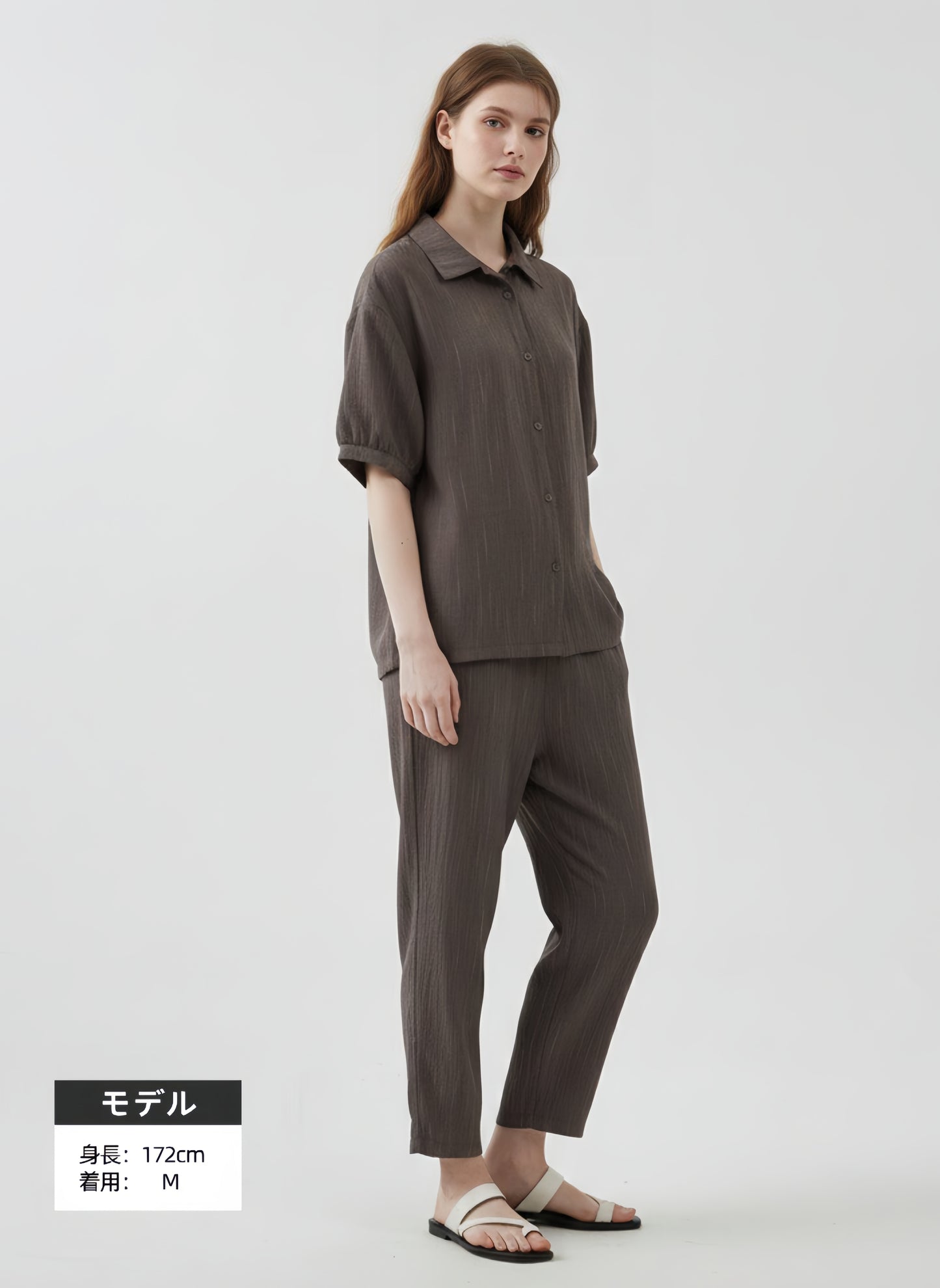 かすれストライプセットアップ・シワ感素材・ブラウスとコクーンパンツのらくちんコーデ-KNXC432/433