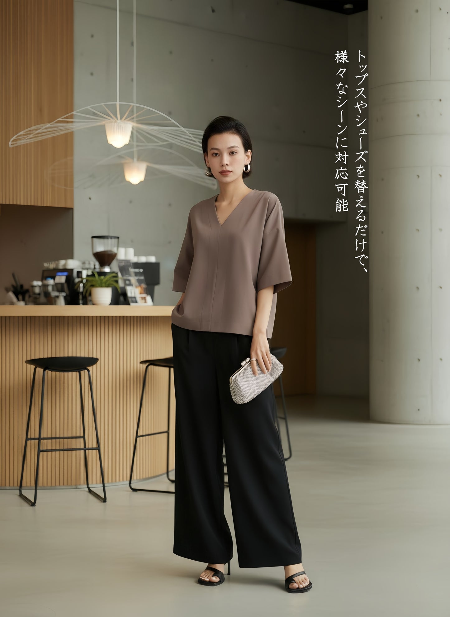 KNNP313・ワイドレッグタックイージーパンツ・オフィススタイル美脚ロングスラックス