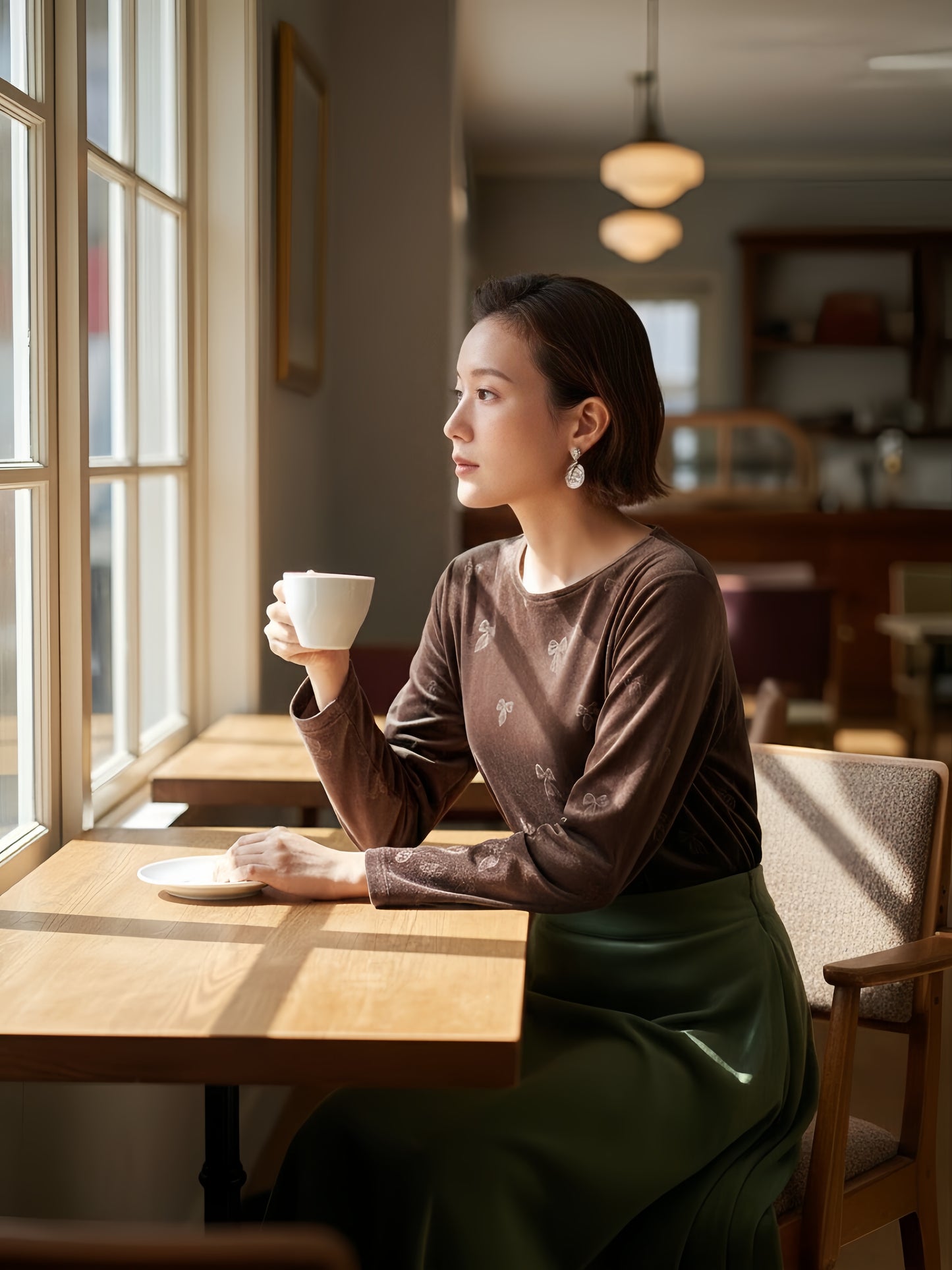 KNR666・ベロアリボン柄立体プリント長袖Tシャツ・エレガントな艶感トロミタッチストレッチ性素材