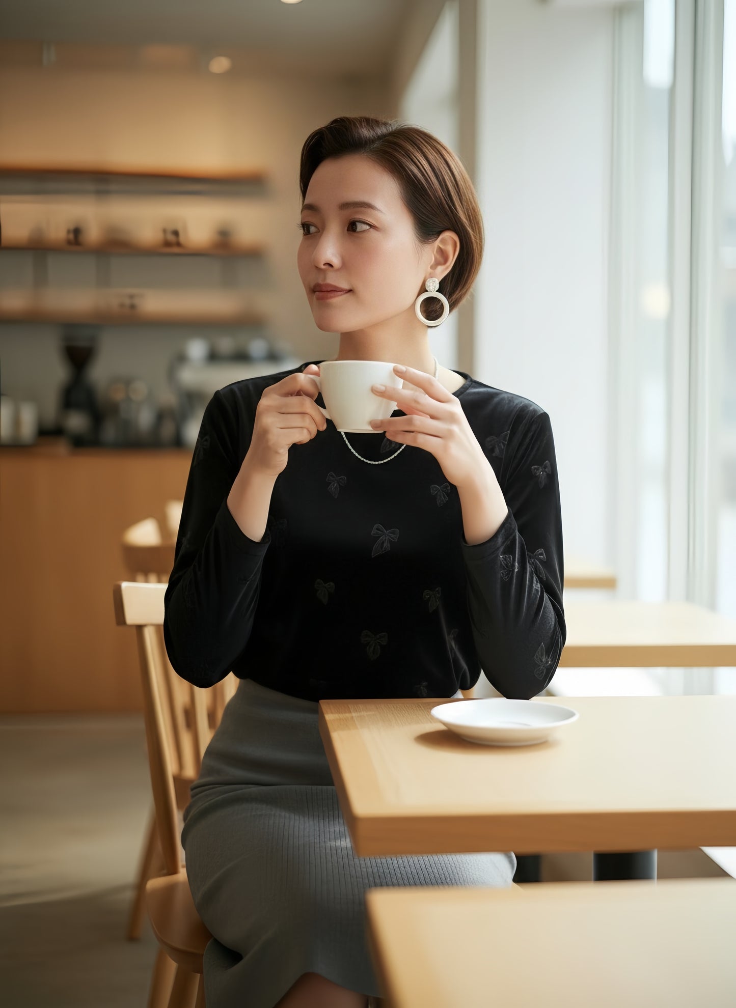 KNR666・ベロアリボン柄立体プリント長袖Tシャツ・エレガントな艶感トロミタッチストレッチ性素材