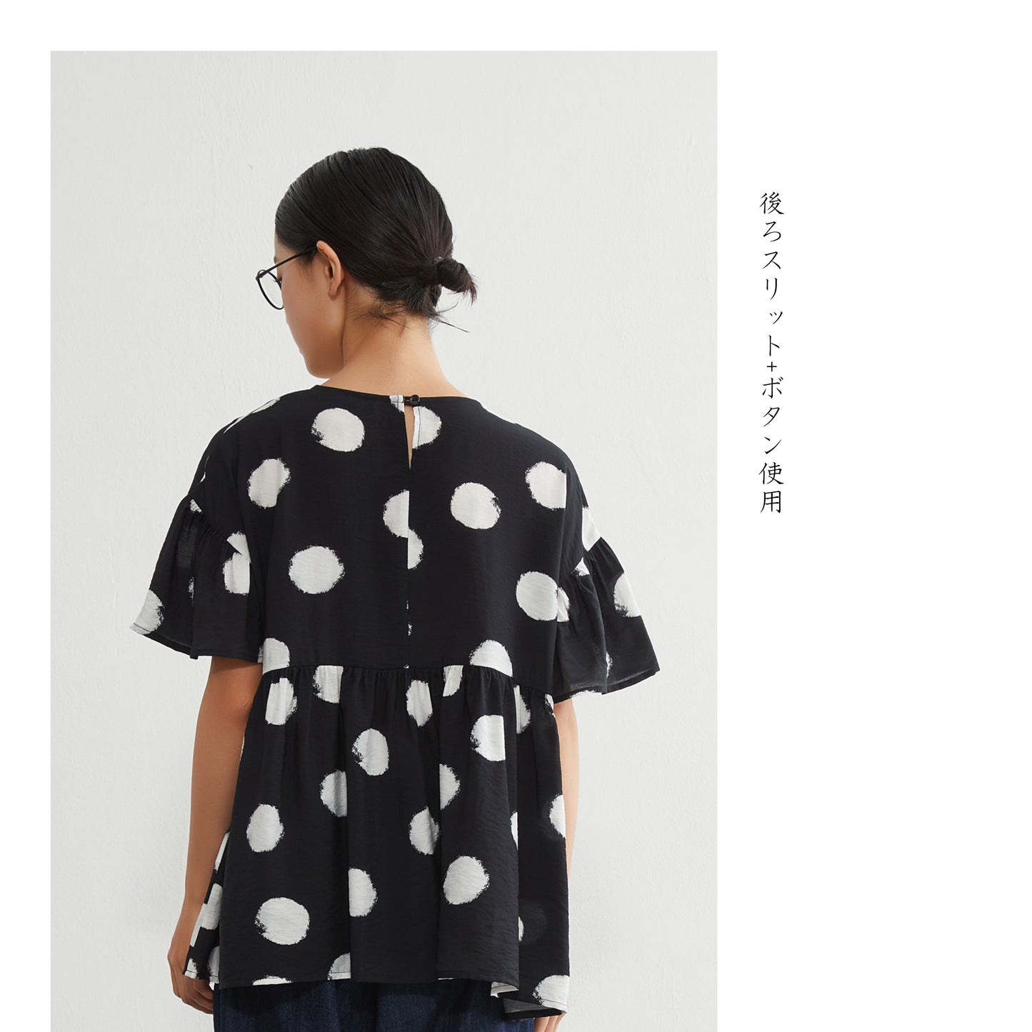 KNGT638・かすれビッグドットたっぷりギャザー切替TOPプルオーバー