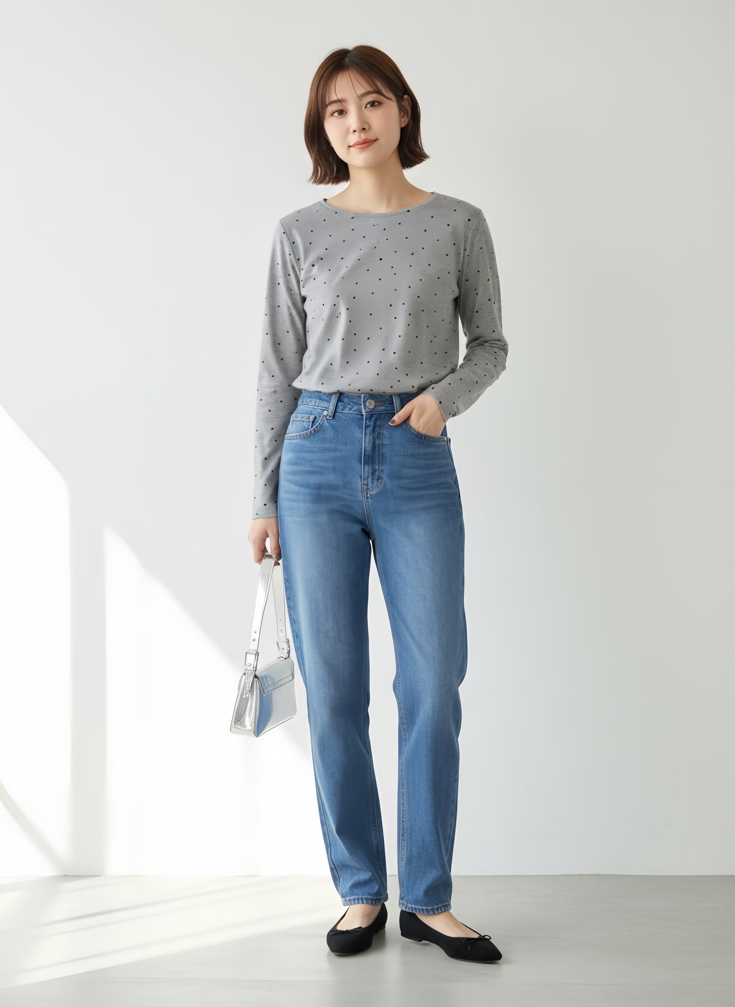 KNR665・ドット柄長袖カットソーTシャツ・ラウンドネックトップスレイヤード定番レトロガーリー