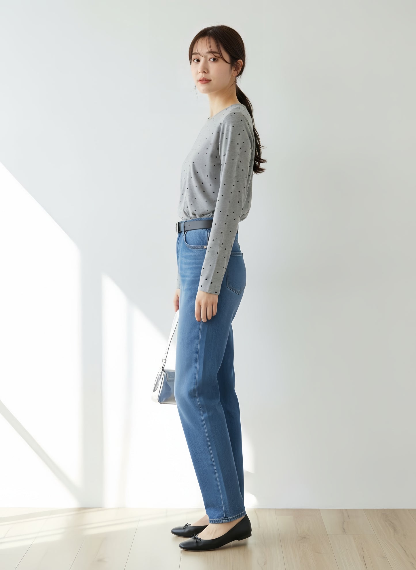 KNR665・ドット柄長袖カットソーTシャツ・ラウンドネックトップスレイヤード定番レトロガーリー