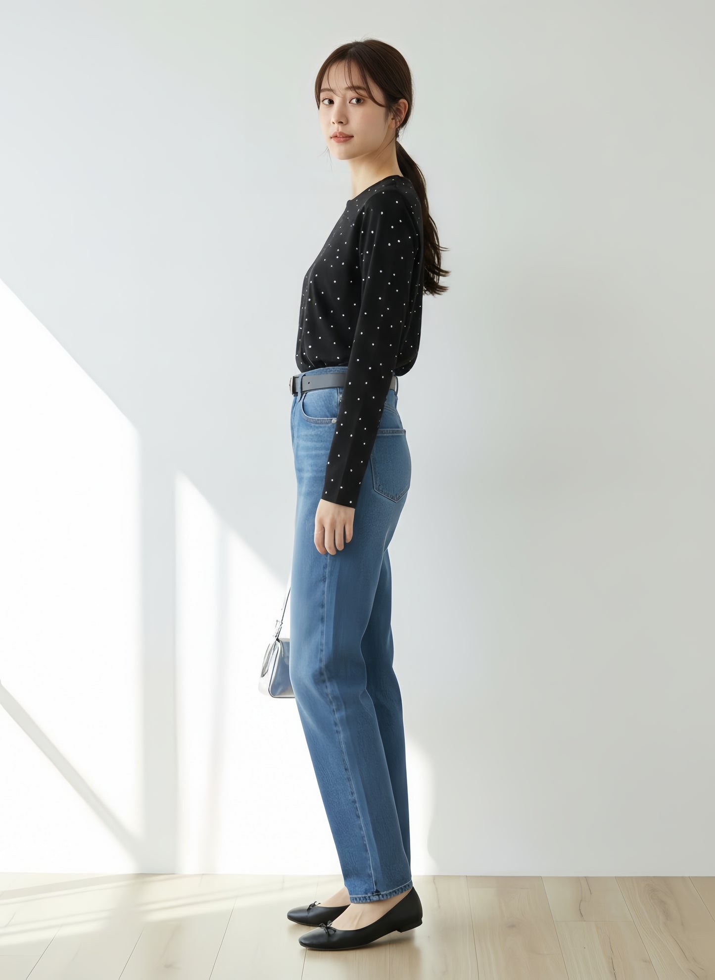 KNR665・ドット柄長袖カットソーTシャツ・ラウンドネックトップスレイヤード定番レトロガーリー