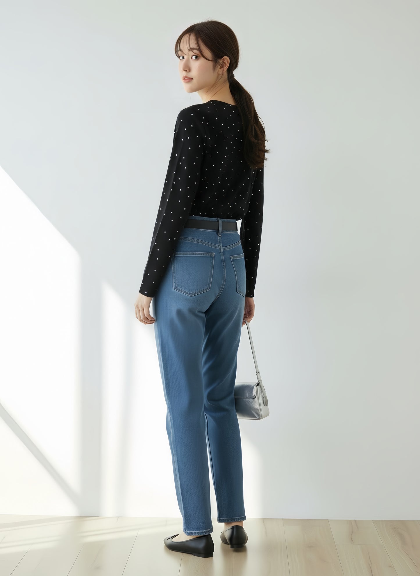 KNR665・ドット柄長袖カットソーTシャツ・ラウンドネックトップスレイヤード定番レトロガーリー