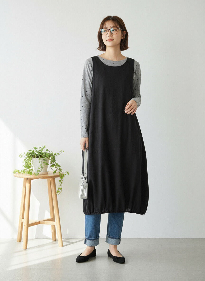 KNR665・ドット柄長袖カットソーTシャツ・ラウンドネックトップスレイヤード定番レトロガーリー