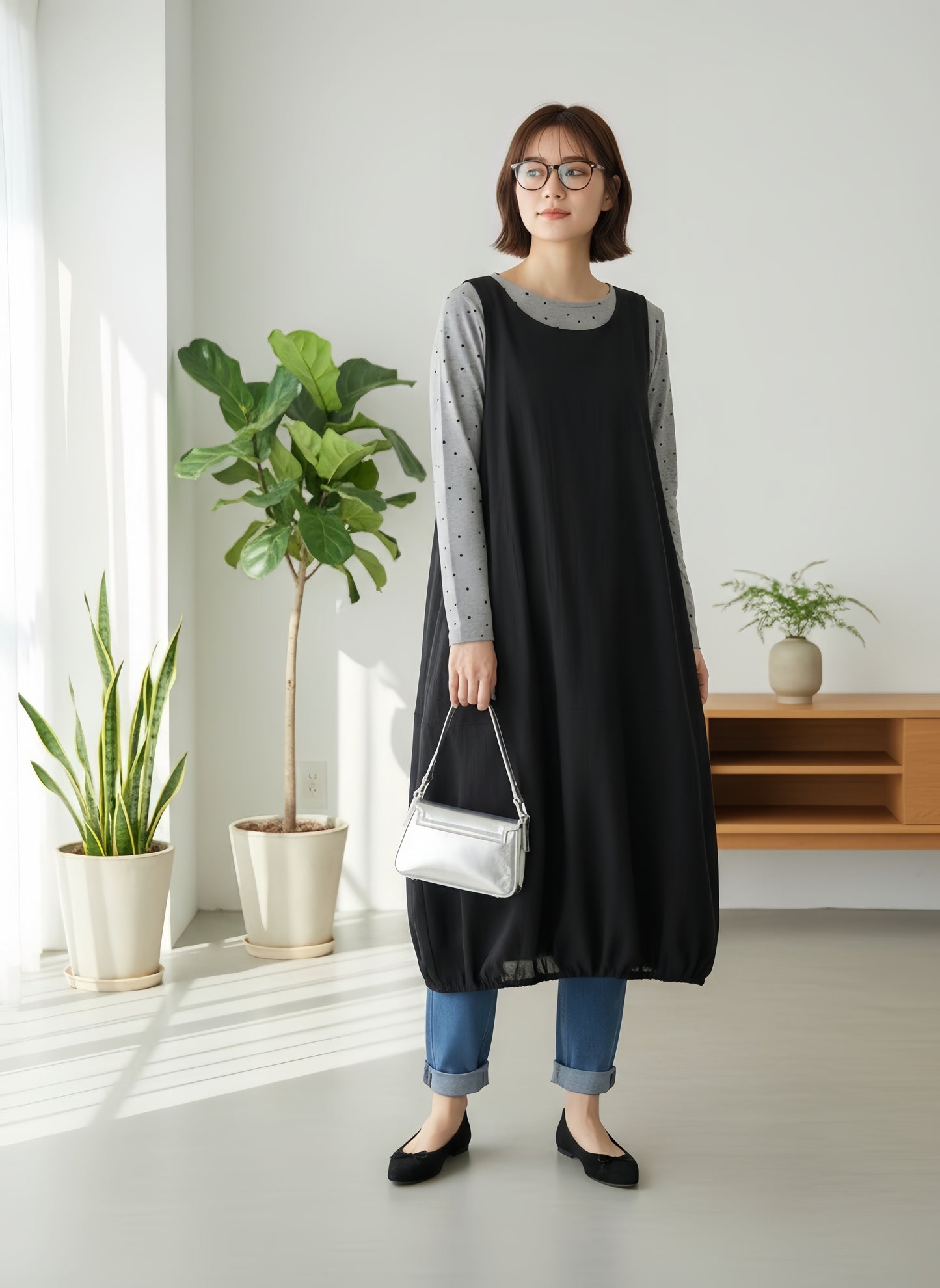 KNR665・ドット柄長袖カットソーTシャツ・ラウンドネックトップスレイヤード定番レトロガーリー