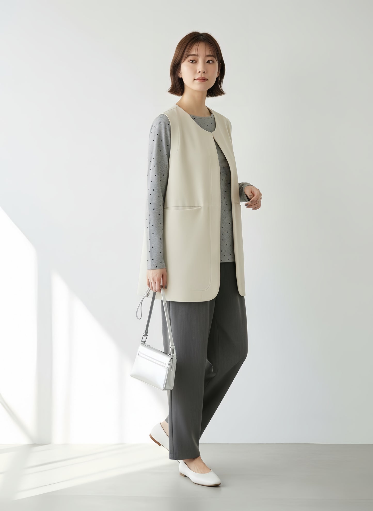 KNR665・ドット柄長袖カットソーTシャツ・ラウンドネックトップスレイヤード定番レトロガーリー