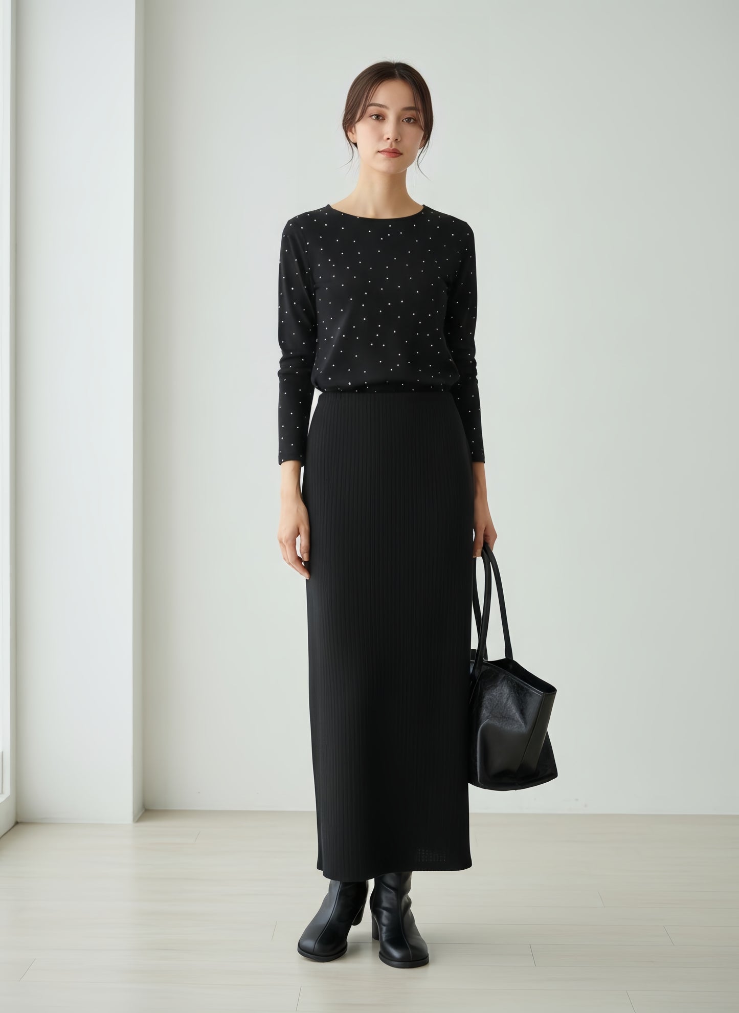 KNR665・ドット柄長袖カットソーTシャツ・ラウンドネックトップスレイヤード定番レトロガーリー