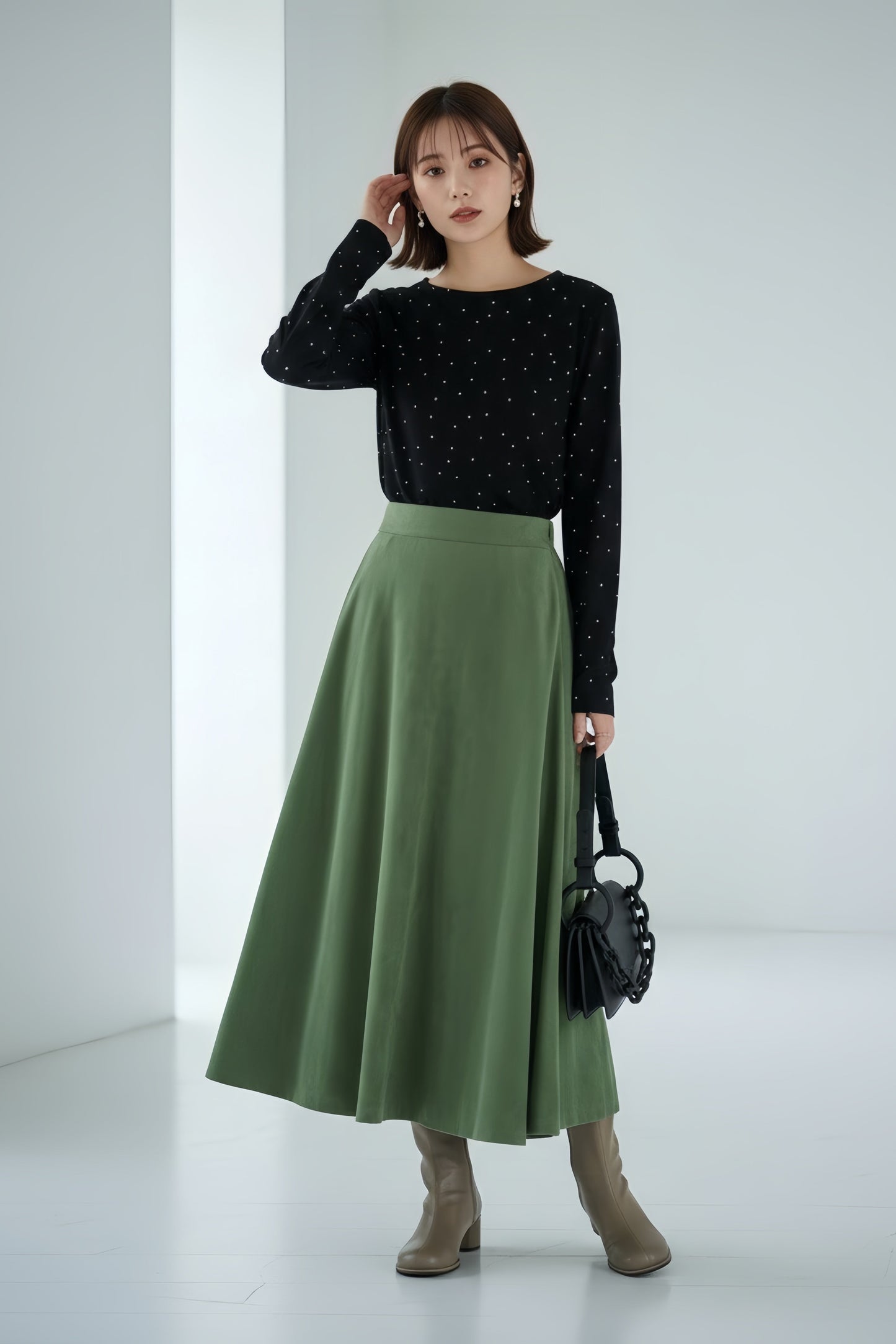 KNR665・ドット柄長袖カットソーTシャツ・ラウンドネックトップスレイヤード定番レトロガーリー