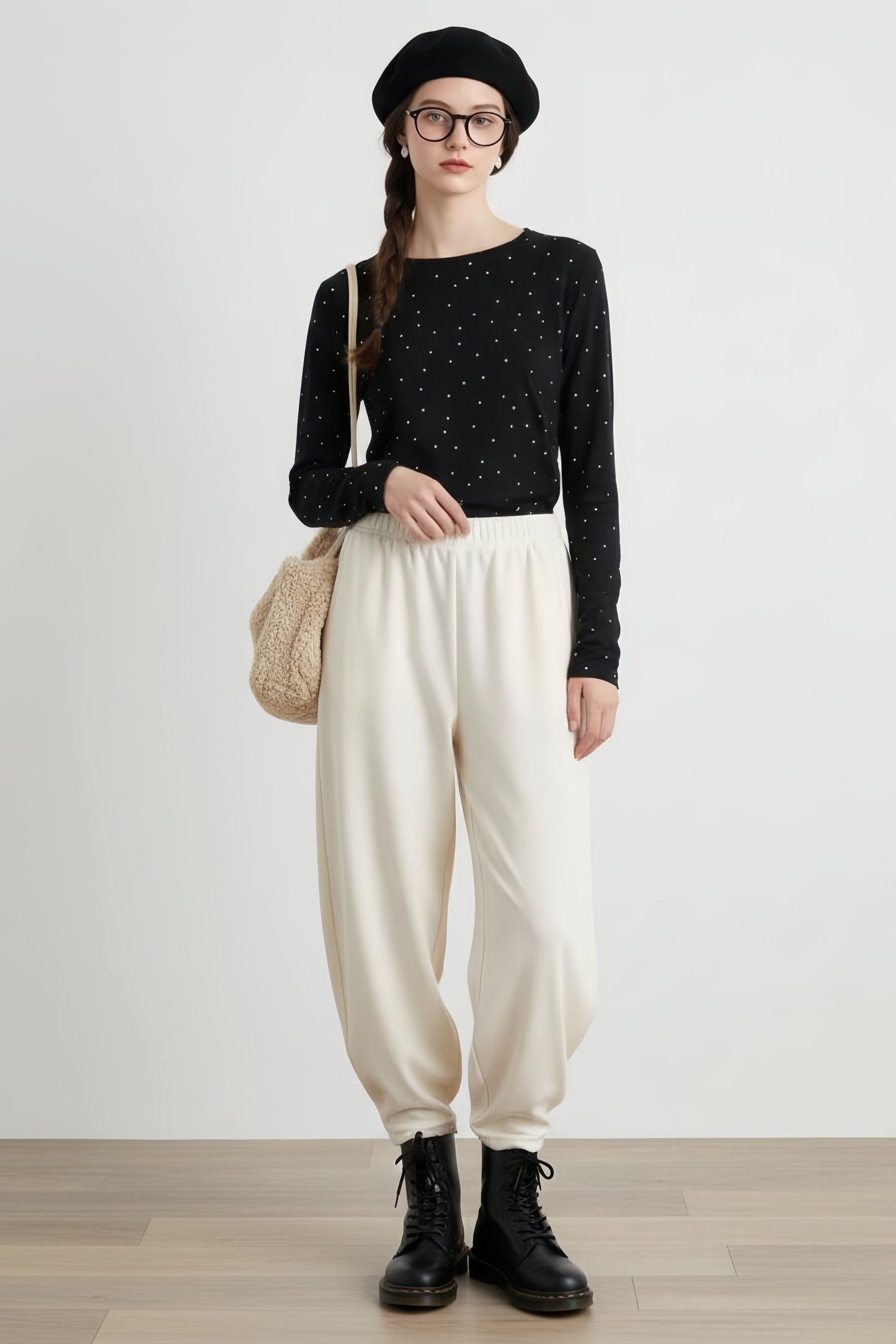 KNR665・ドット柄長袖カットソーTシャツ・ラウンドネックトップスレイヤード定番レトロガーリー