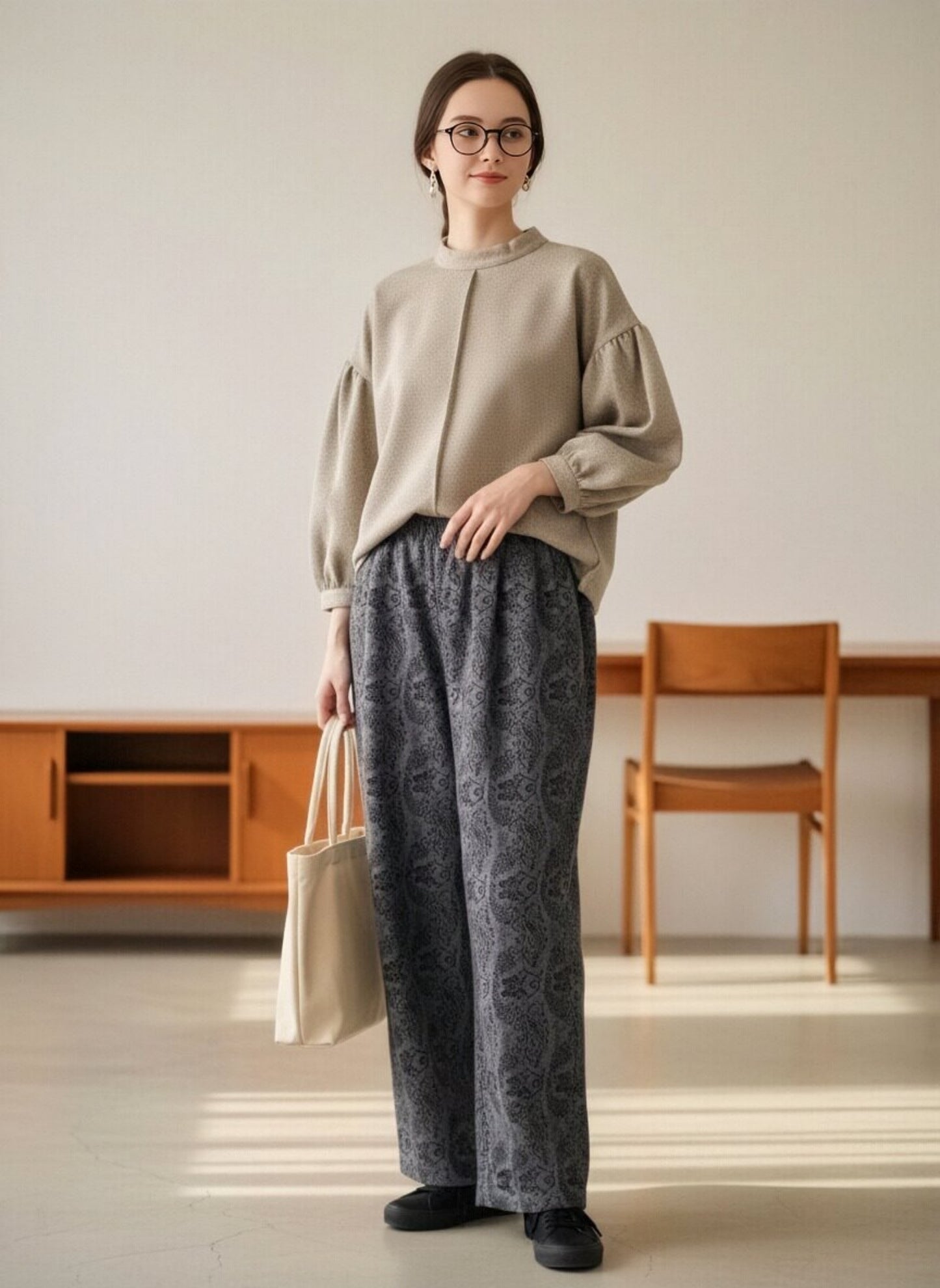 KNR663P・ペイズリー柄起毛あったかワイドパンツ