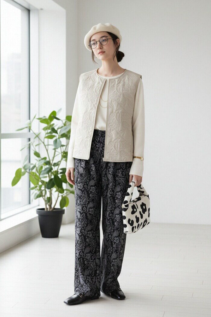 KNR663P・ペイズリー柄起毛あったかワイドパンツ