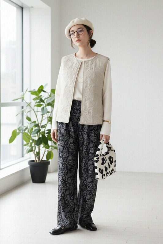 KNR663P・ペイズリー柄起毛あったかワイドパンツ