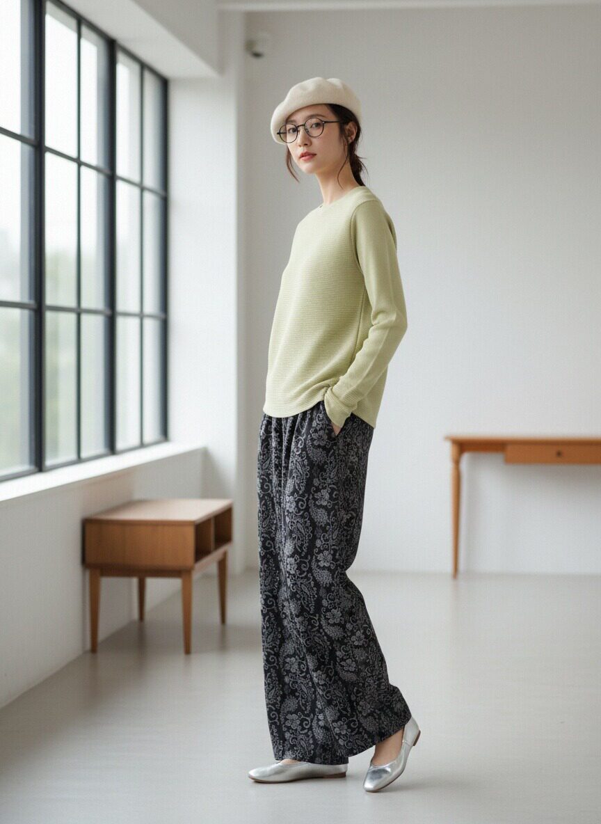 KNR663P・ペイズリー柄起毛あったかワイドパンツ