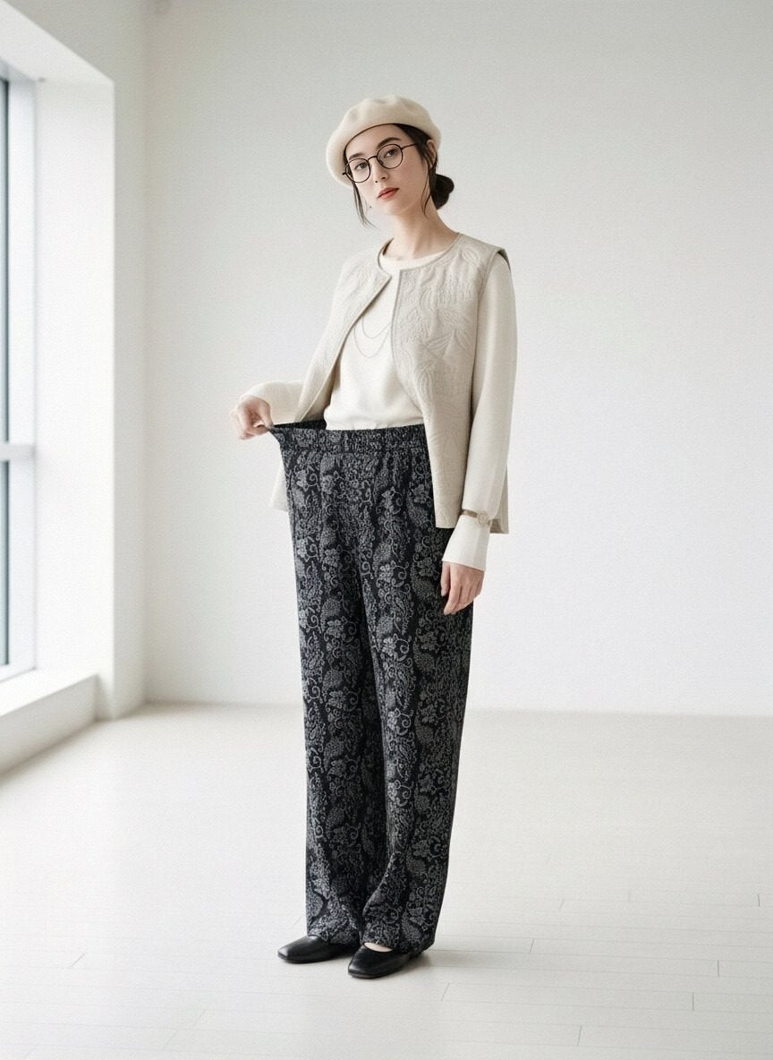 KNR663P・ペイズリー柄起毛あったかワイドパンツ