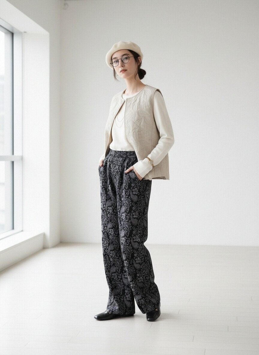 KNR663P・ペイズリー柄起毛あったかワイドパンツ