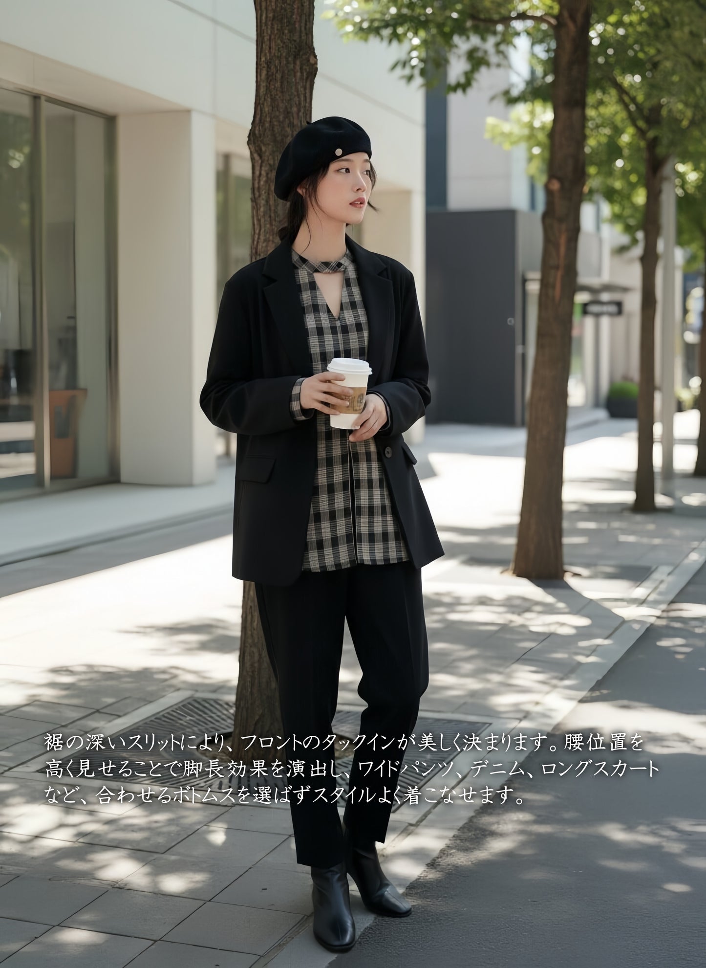 KNST344-BLACK Choker neck center slit check long sleeve blouse