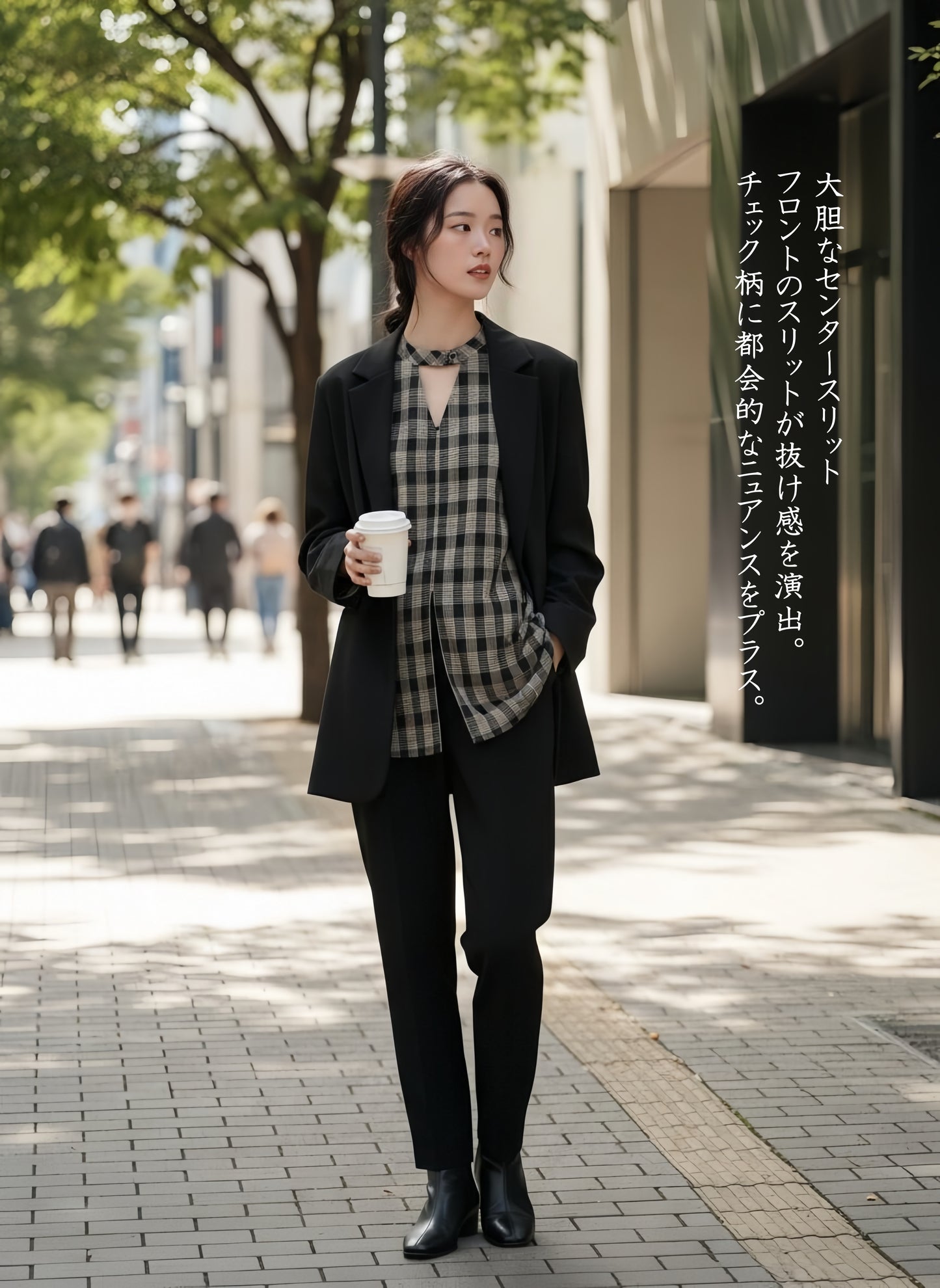 KNST344-BLACK Choker neck center slit check long sleeve blouse