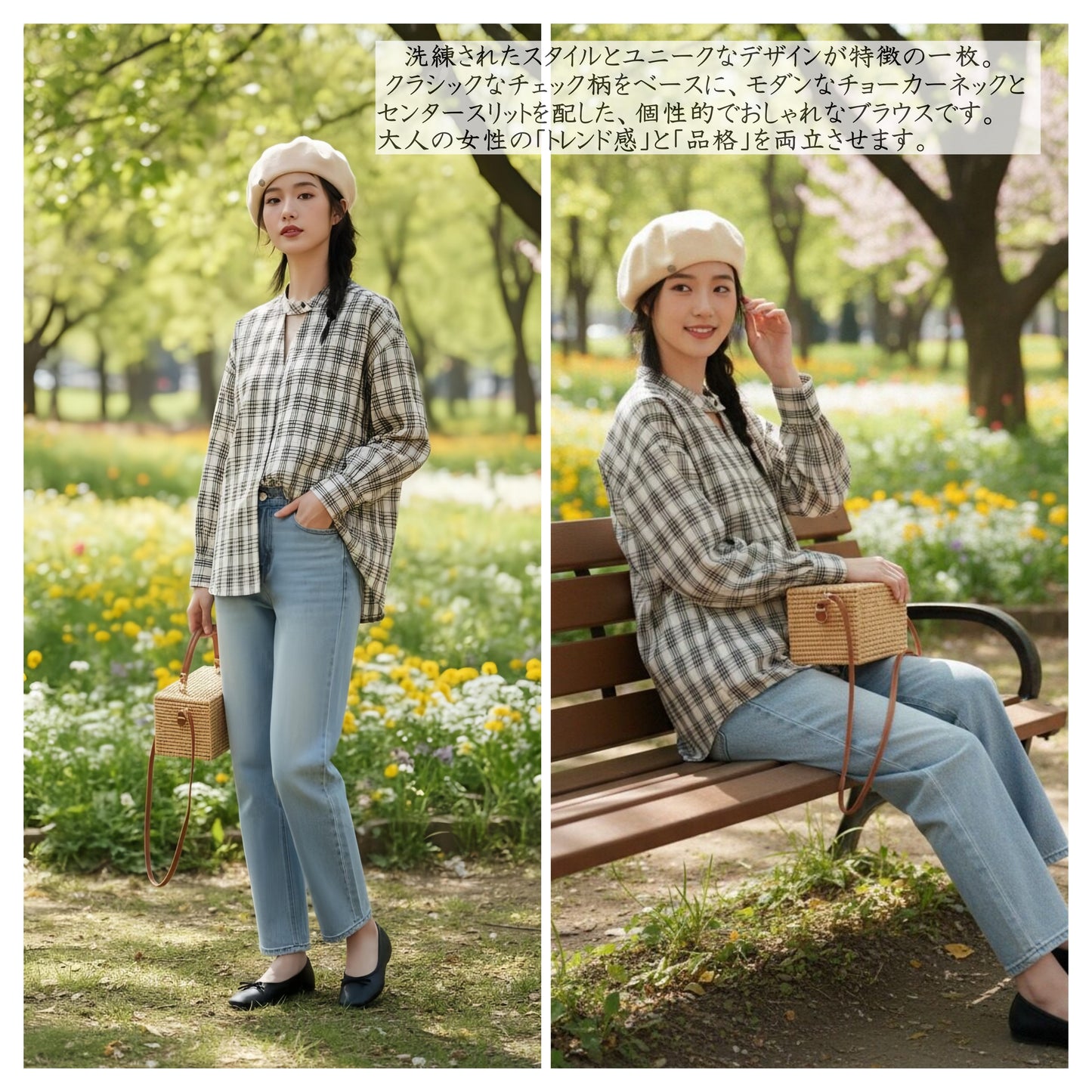 KNST344-BLACK Choker neck center slit check long sleeve blouse