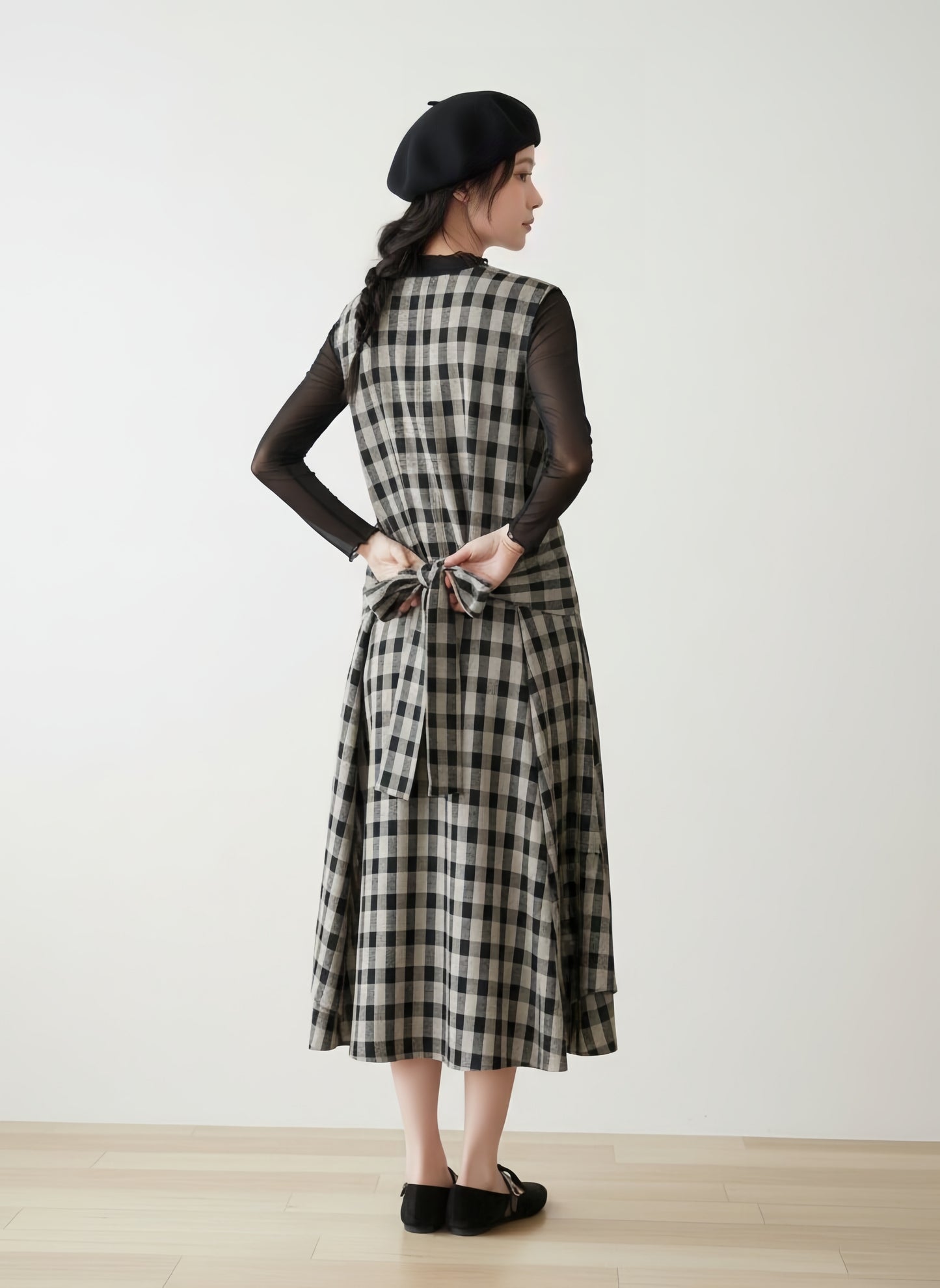 KNSO343－BLACK　ノースリーブチェックワンピース with ポケット太幅ベルトデザイン