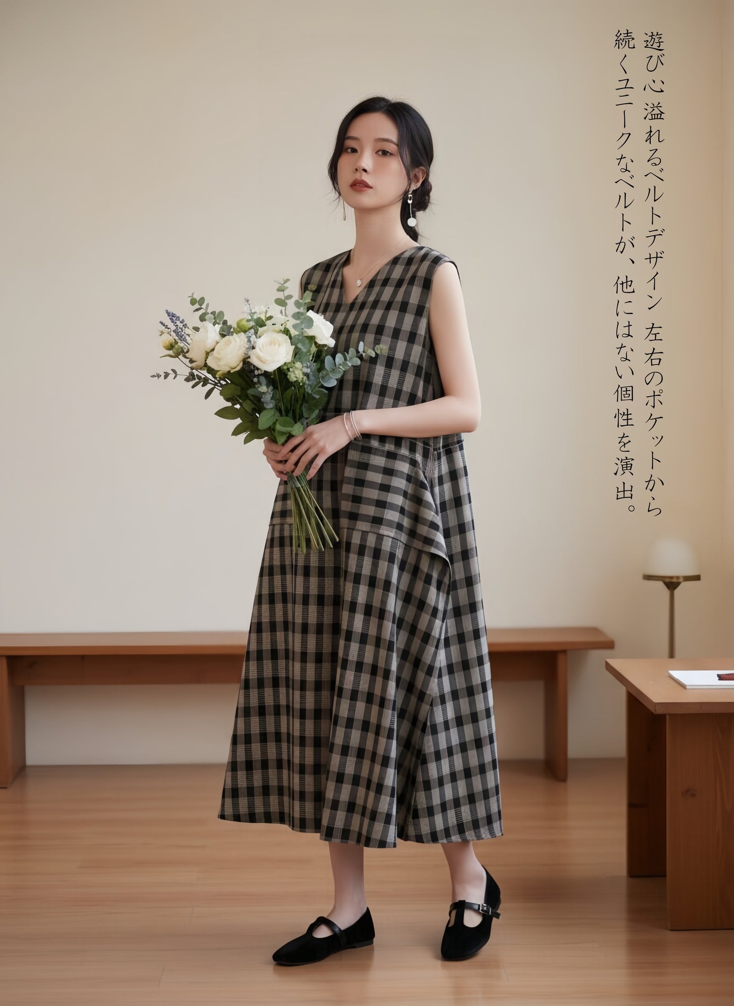 KNSO343－BLACK　ノースリーブチェックワンピース with ポケット太幅ベルトデザイン