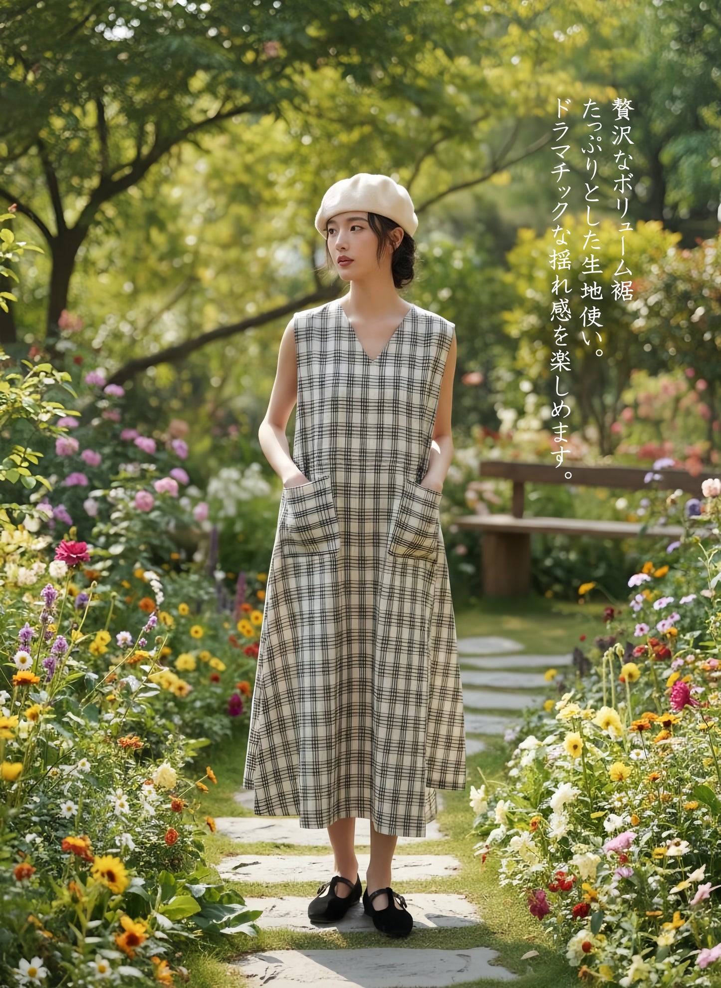 KNSO343－BLACK　ノースリーブチェックワンピース with ポケット太幅ベルトデザイン