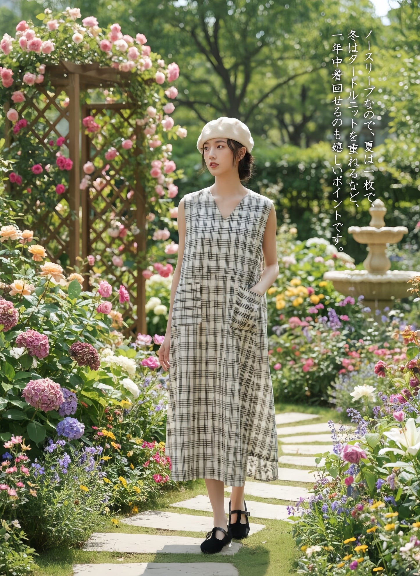 KNSO343－BLACK　ノースリーブチェックワンピース with ポケット太幅ベルトデザイン