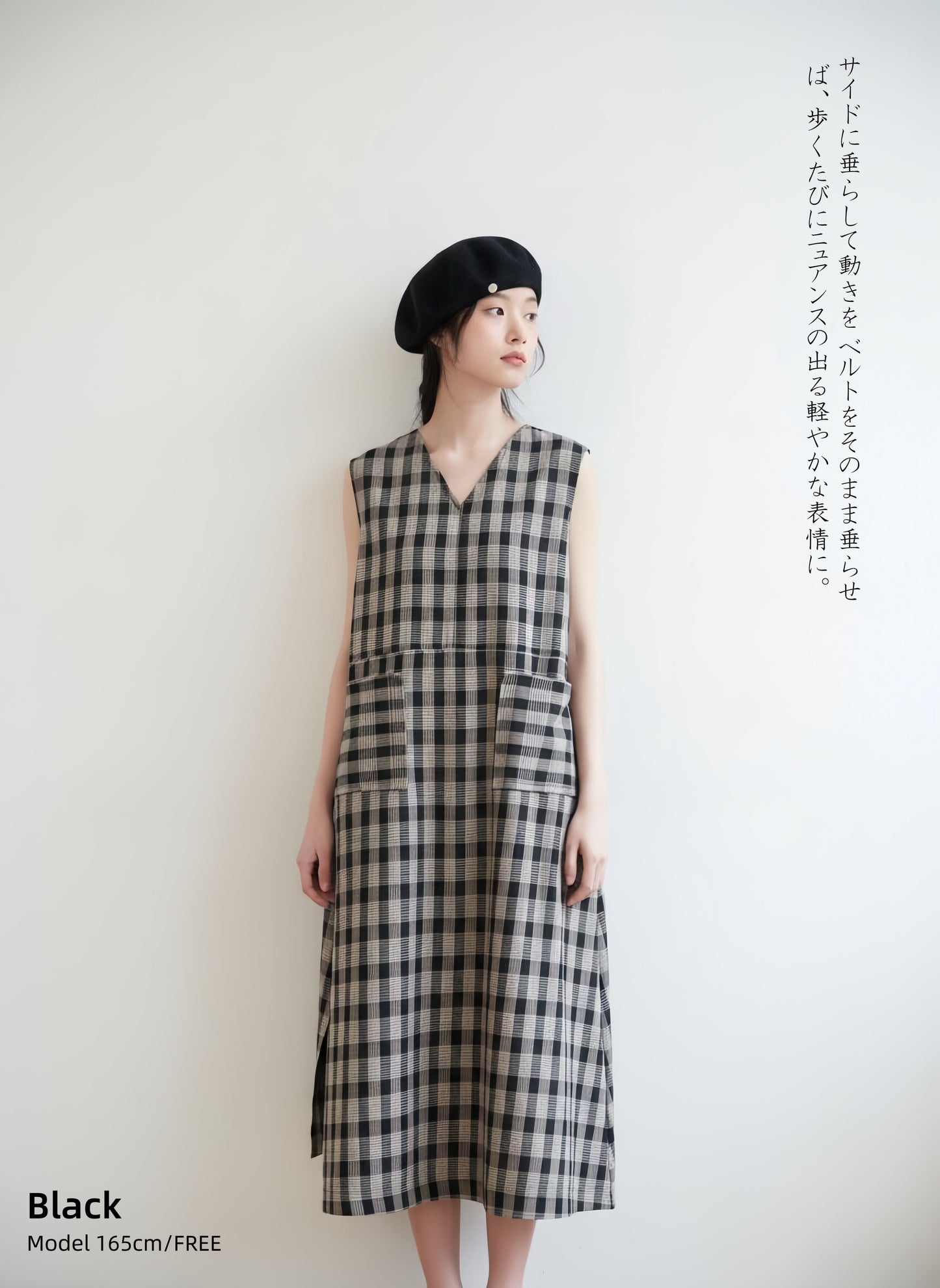 KNSO343－BLACK　ノースリーブチェックワンピース with ポケット太幅ベルトデザイン