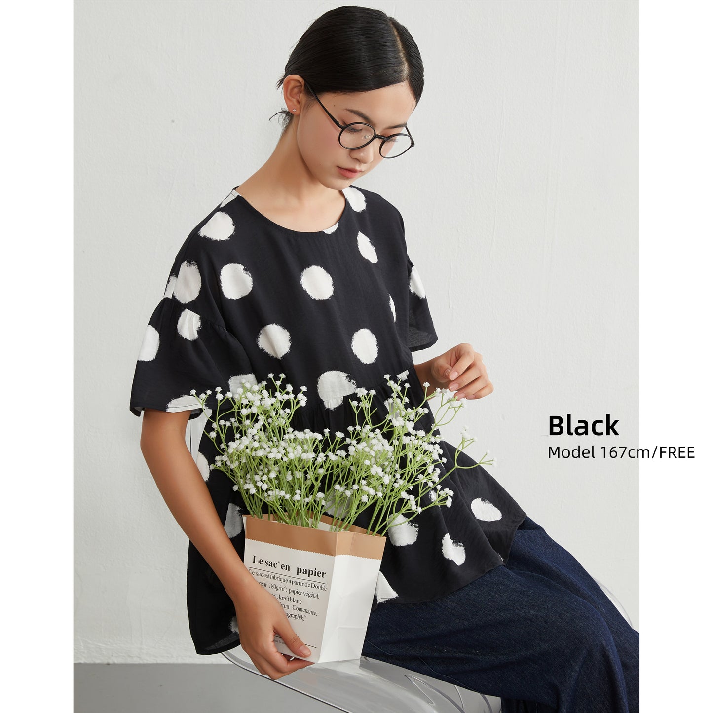 KNGT638・かすれビッグドットたっぷりギャザー切替TOPプルオーバー