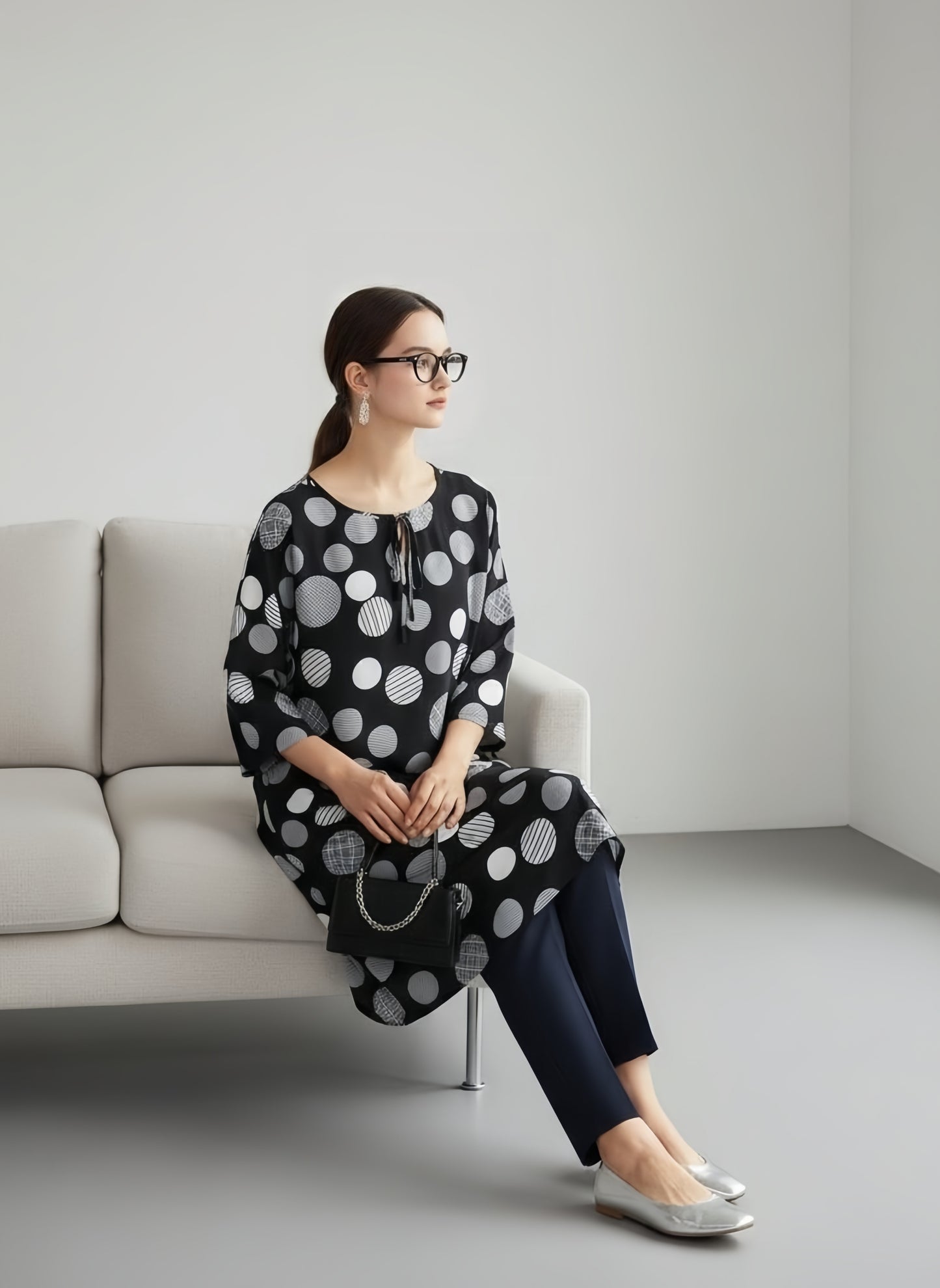 KNGT634・レーヨンドット柄ルーズフィット5分袖チュニック