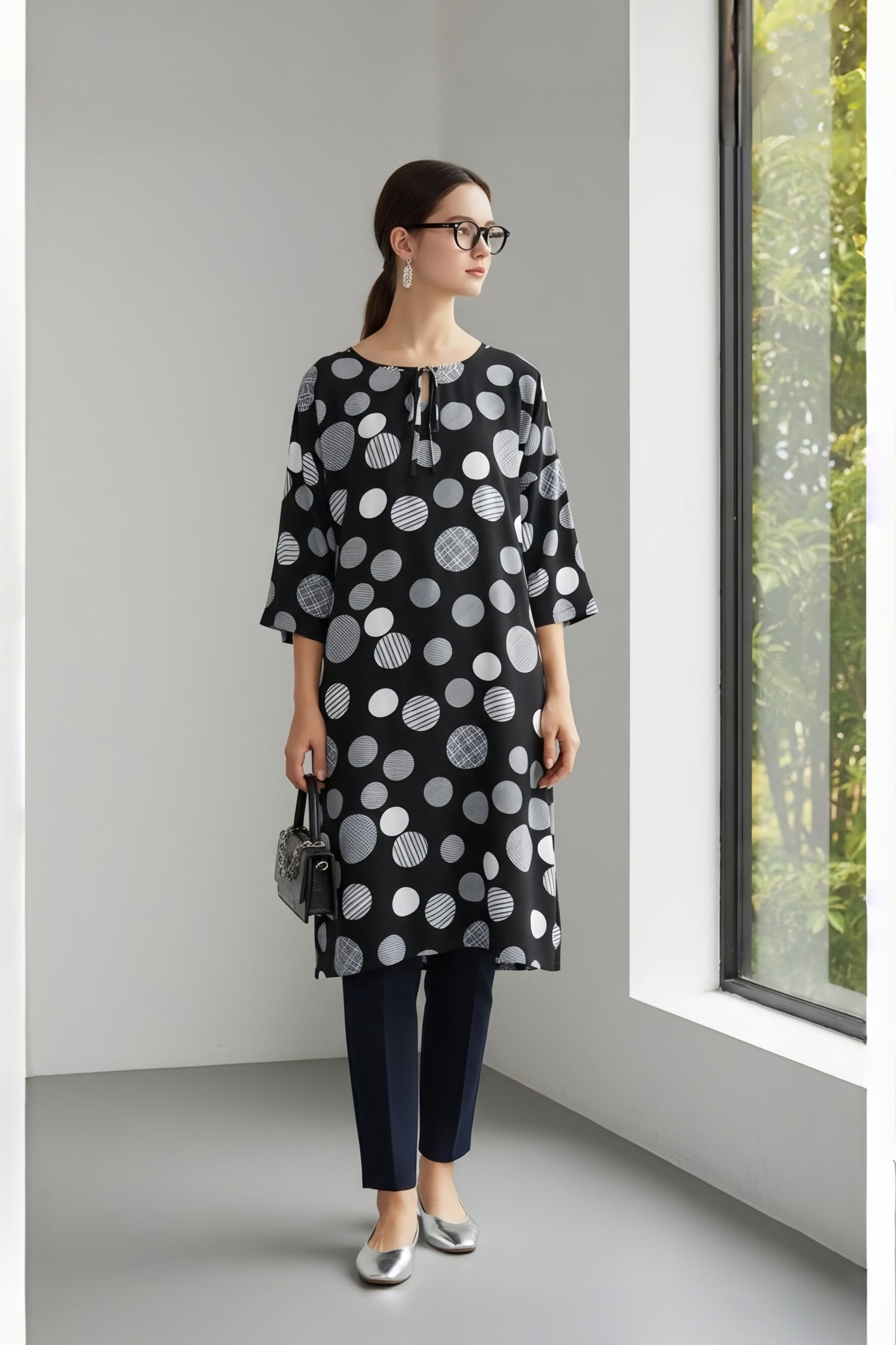 KNGT634・レーヨンドット柄ルーズフィット5分袖チュニック