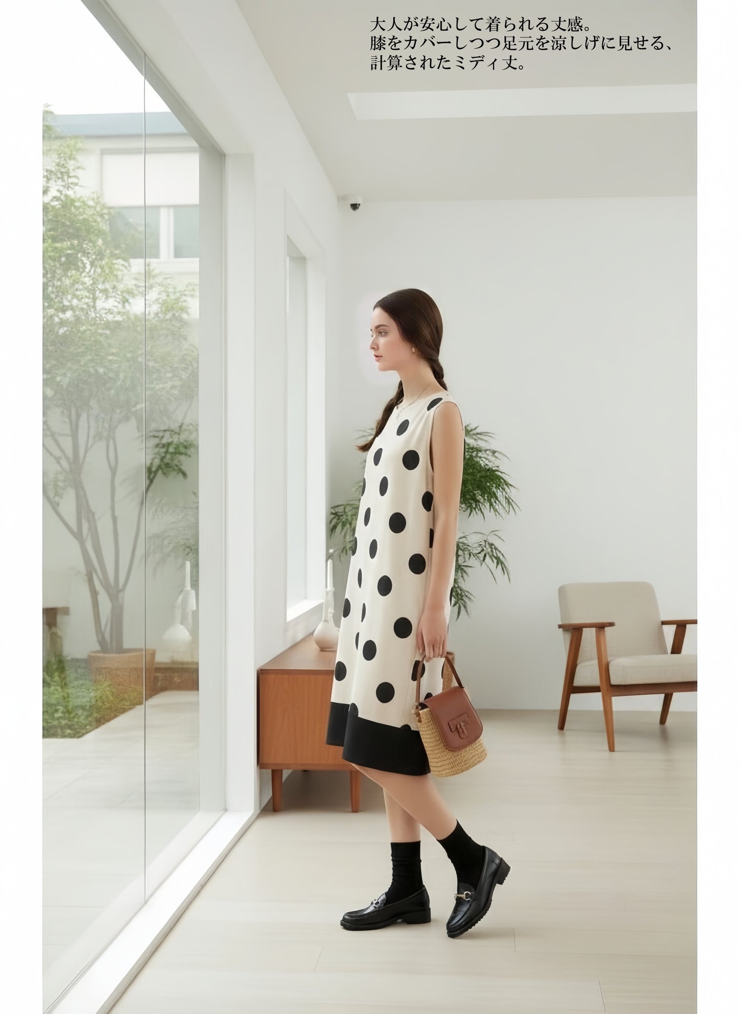 KNGT635・麻混BIGドット柄ノースリーブ裾切替ワンピース