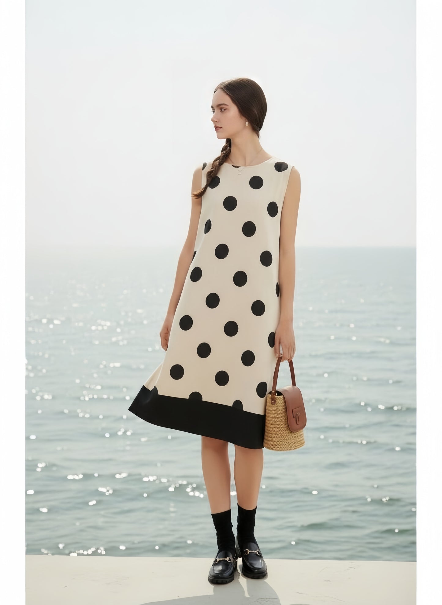 KNGT635・麻混BIGドット柄ノースリーブ裾切替ワンピース