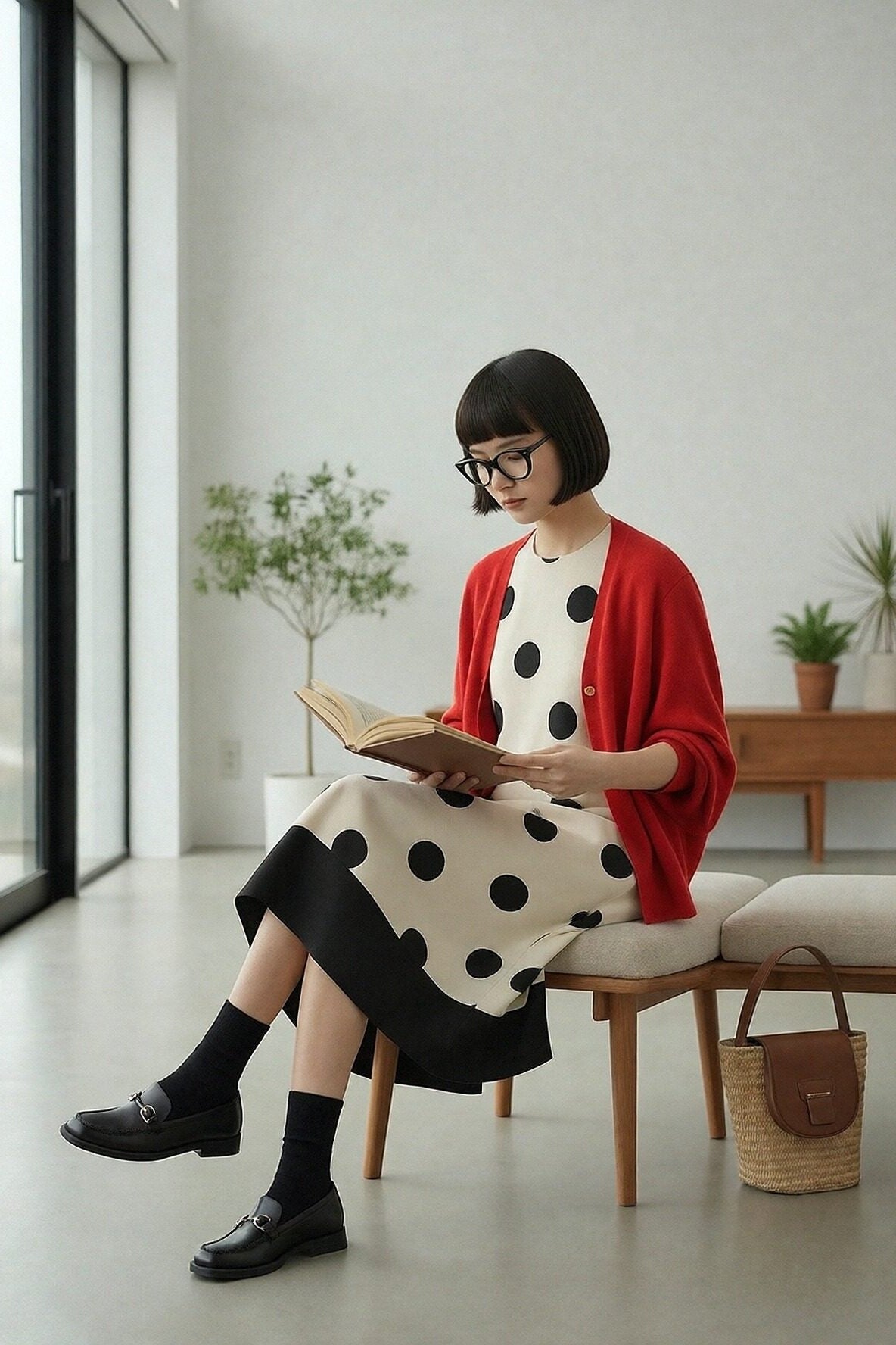 KNGT635・麻混BIGドット柄ノースリーブ裾切替ワンピース