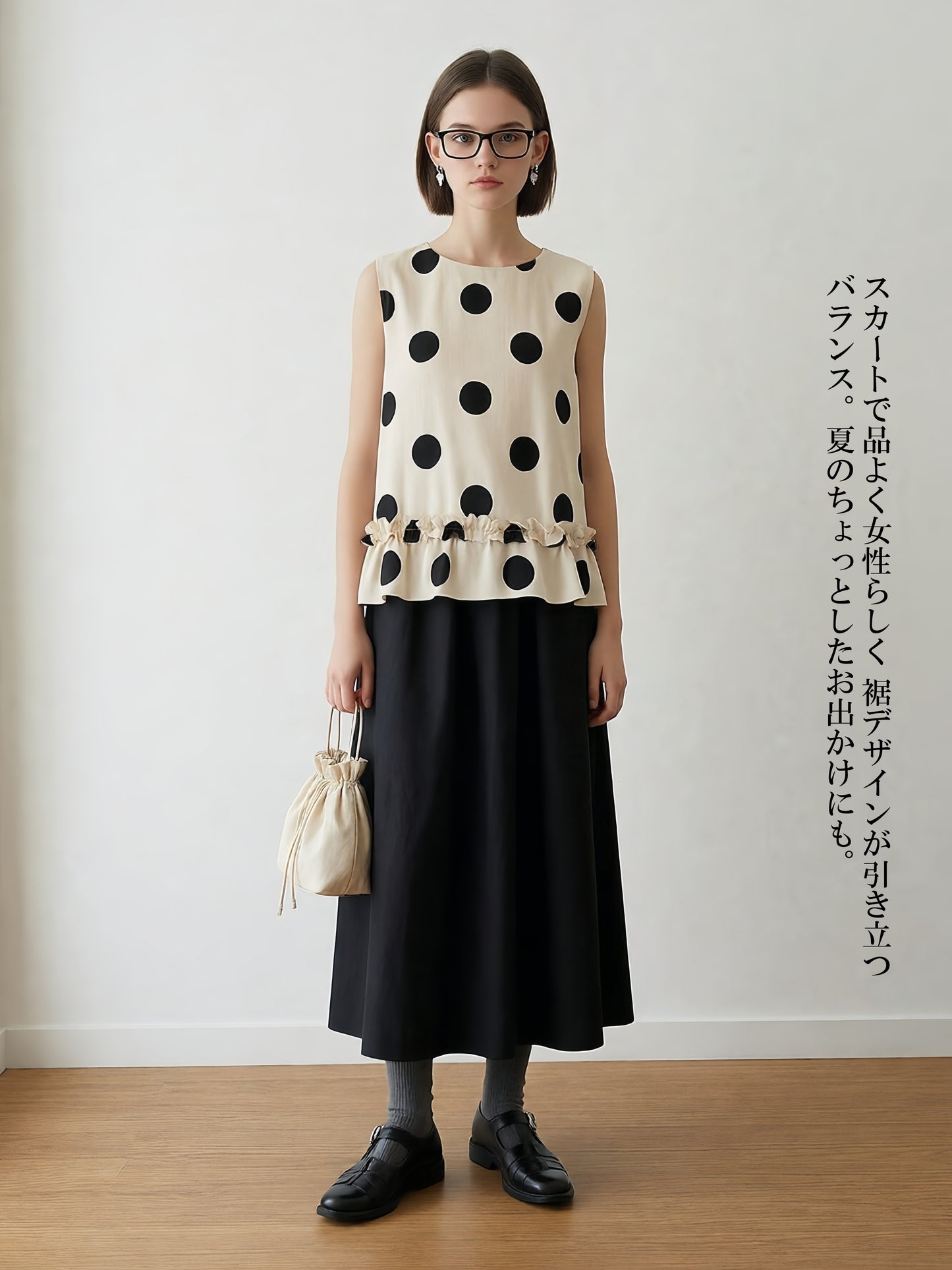 KNGT636・麻混裾フリルBIGドット柄ノースリーブTOP