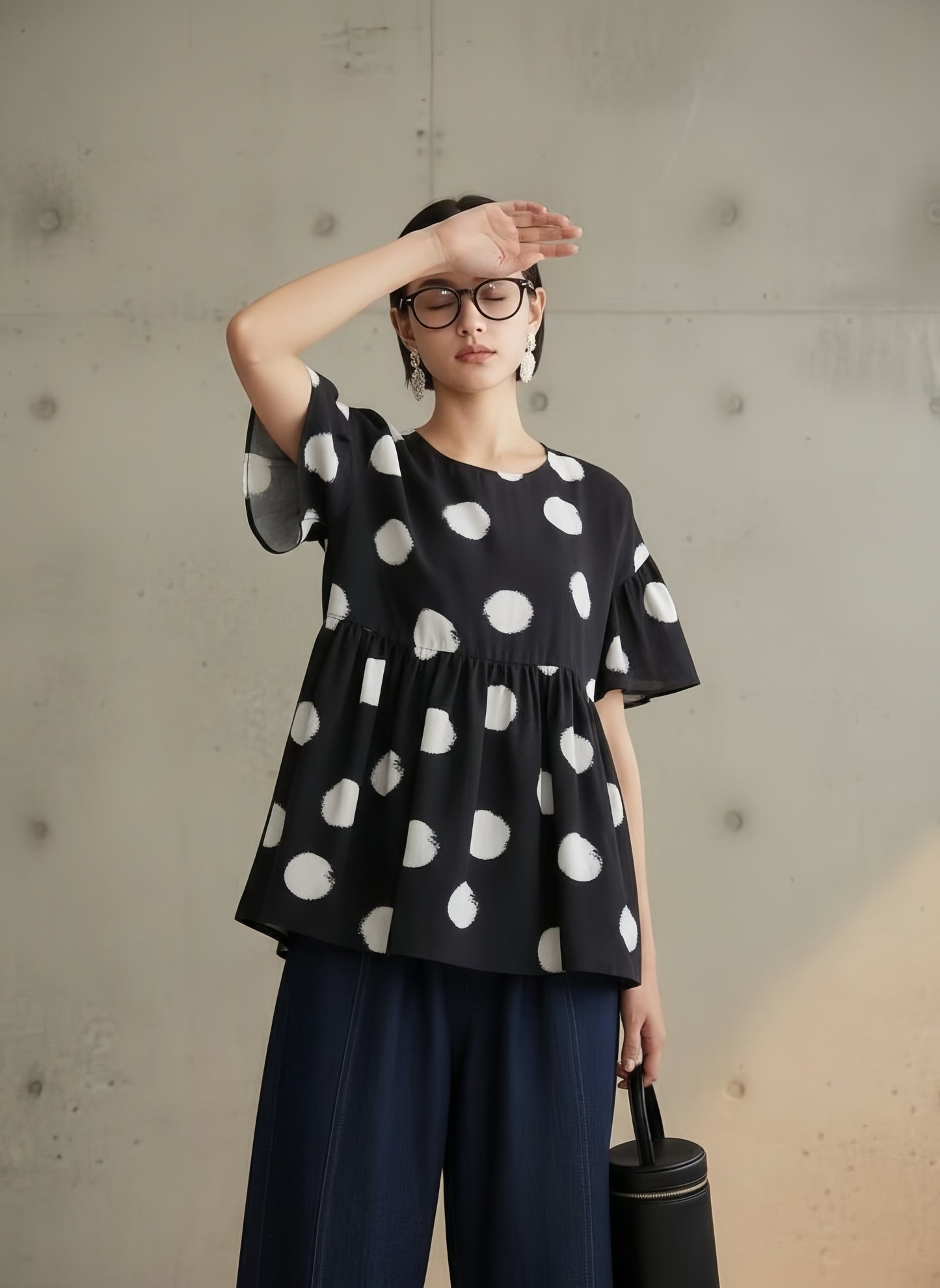 KNGT638・かすれビッグドットたっぷりギャザー切替TOPプルオーバー