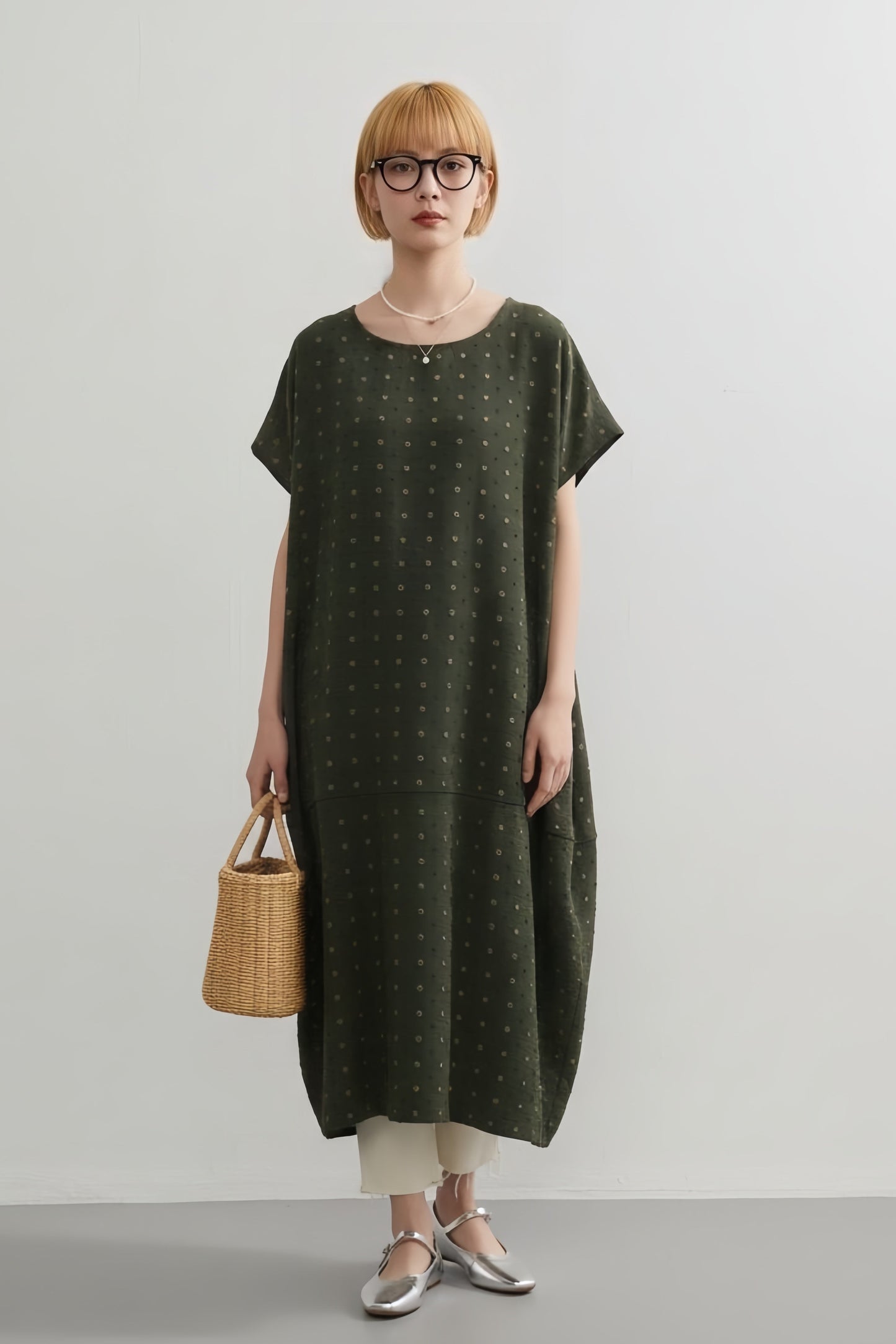 KNGT613-ドビー素材コクーンシルエット半袖ワンピース