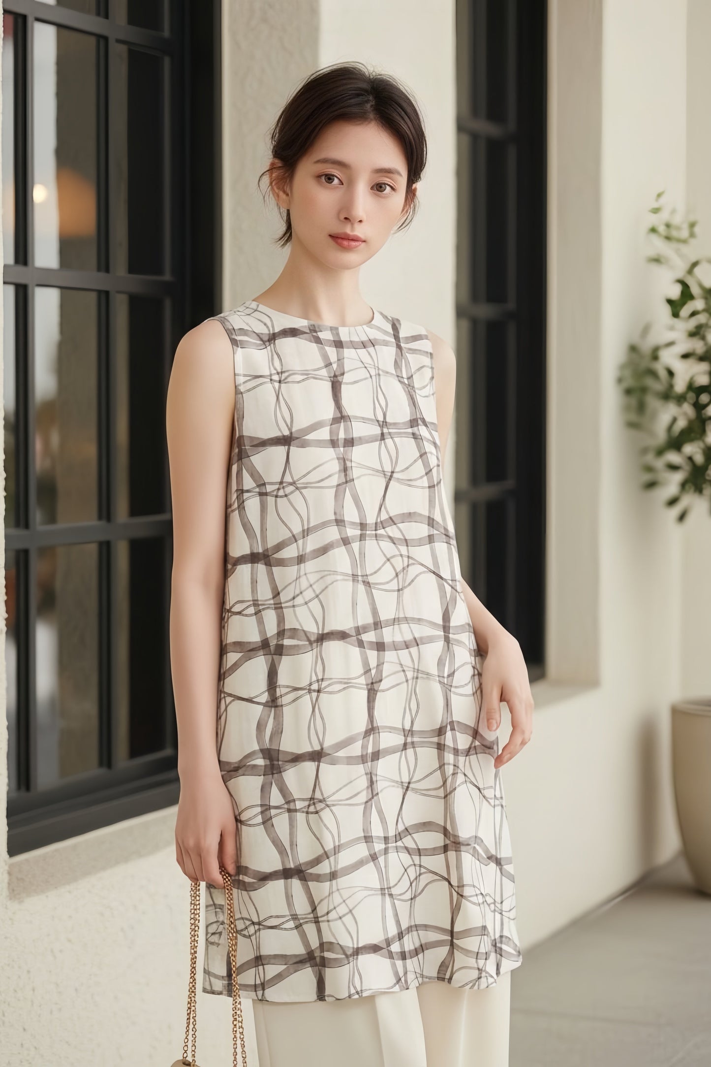 KNR646・抽象的ナミナミ格子柄プリントノースリーブ背中タックチュニック