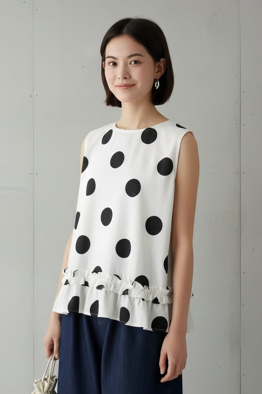 KNGT636・麻混裾フリルBIGドット柄ノースリーブTOP