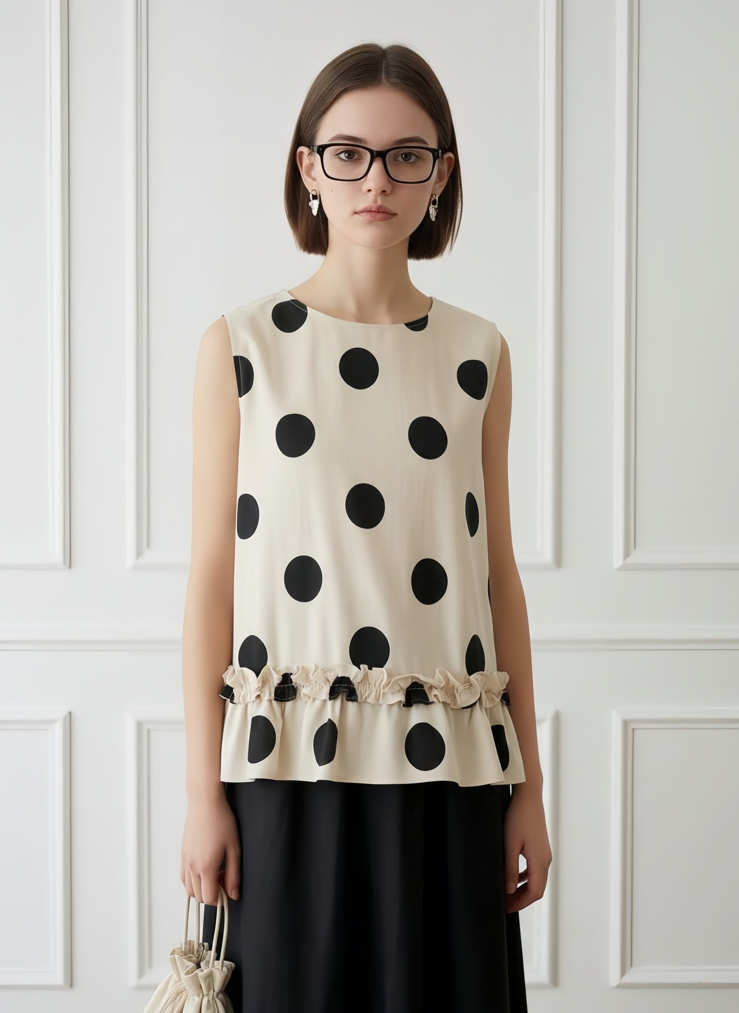 KNGT636・麻混裾フリルBIGドット柄ノースリーブTOP
