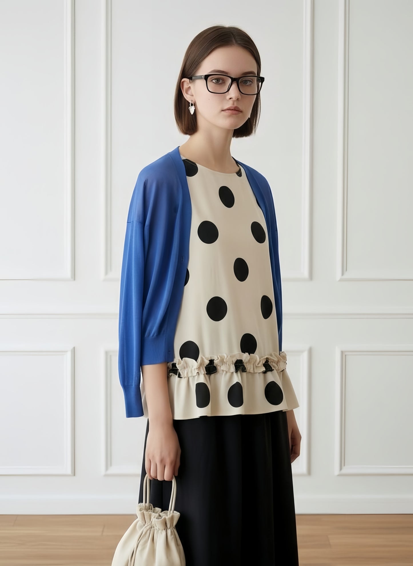 KNGT636・麻混裾フリルBIGドット柄ノースリーブTOP