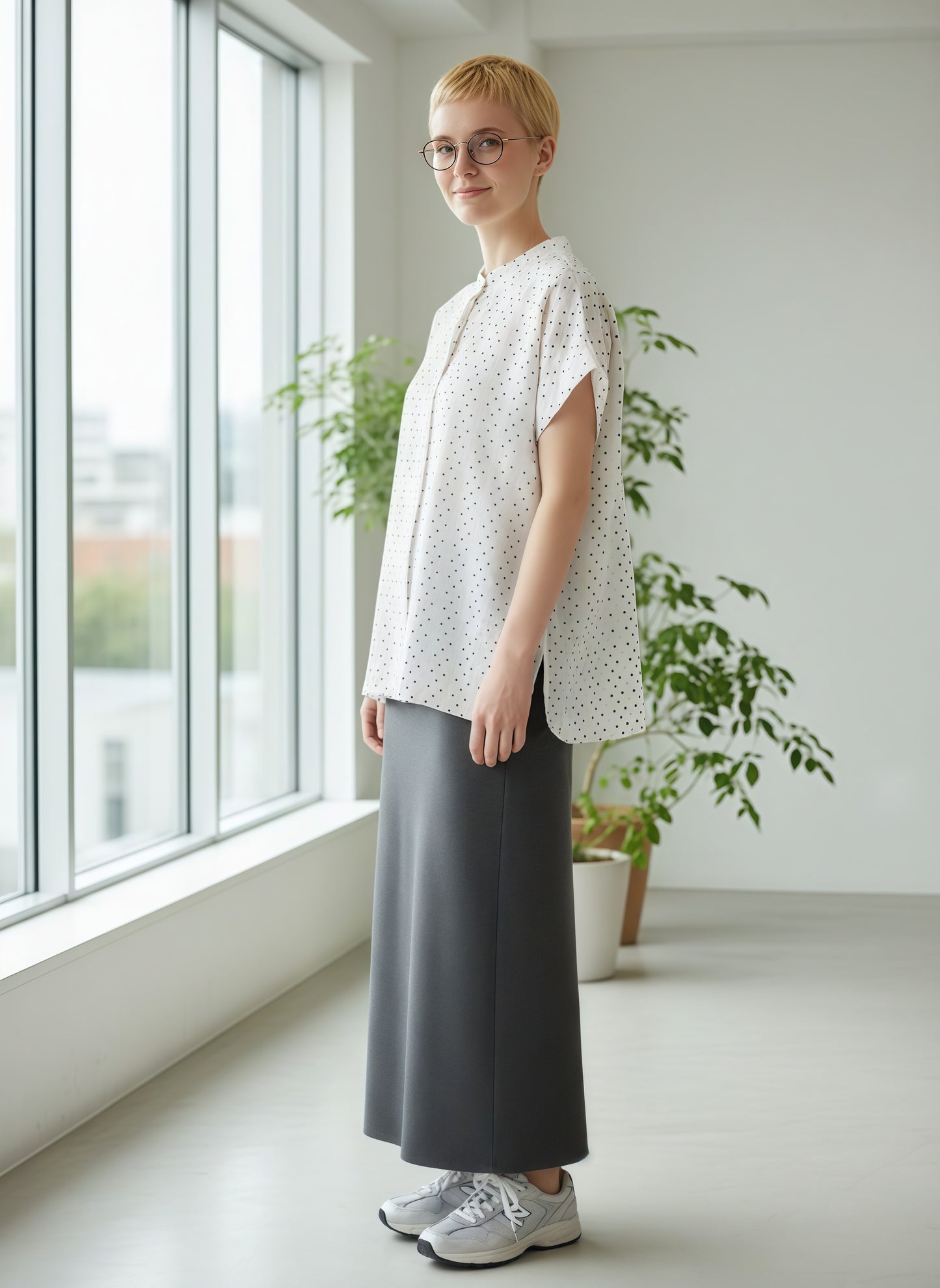 KNGT633・BOXYルーズフィットの小さなスクエア柄半袖ブラウス定番