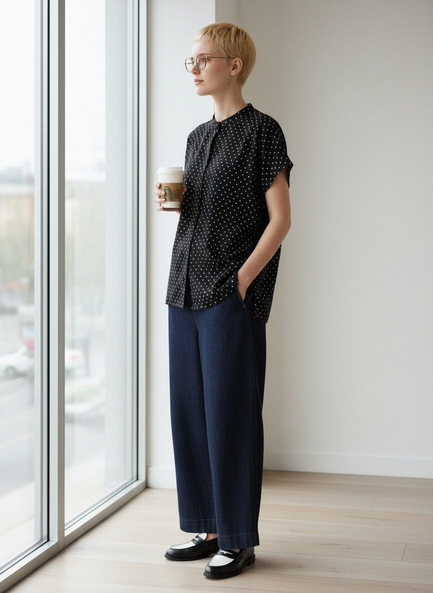 KNGT633・BOXYルーズフィットの小さなスクエア柄半袖ブラウス定番