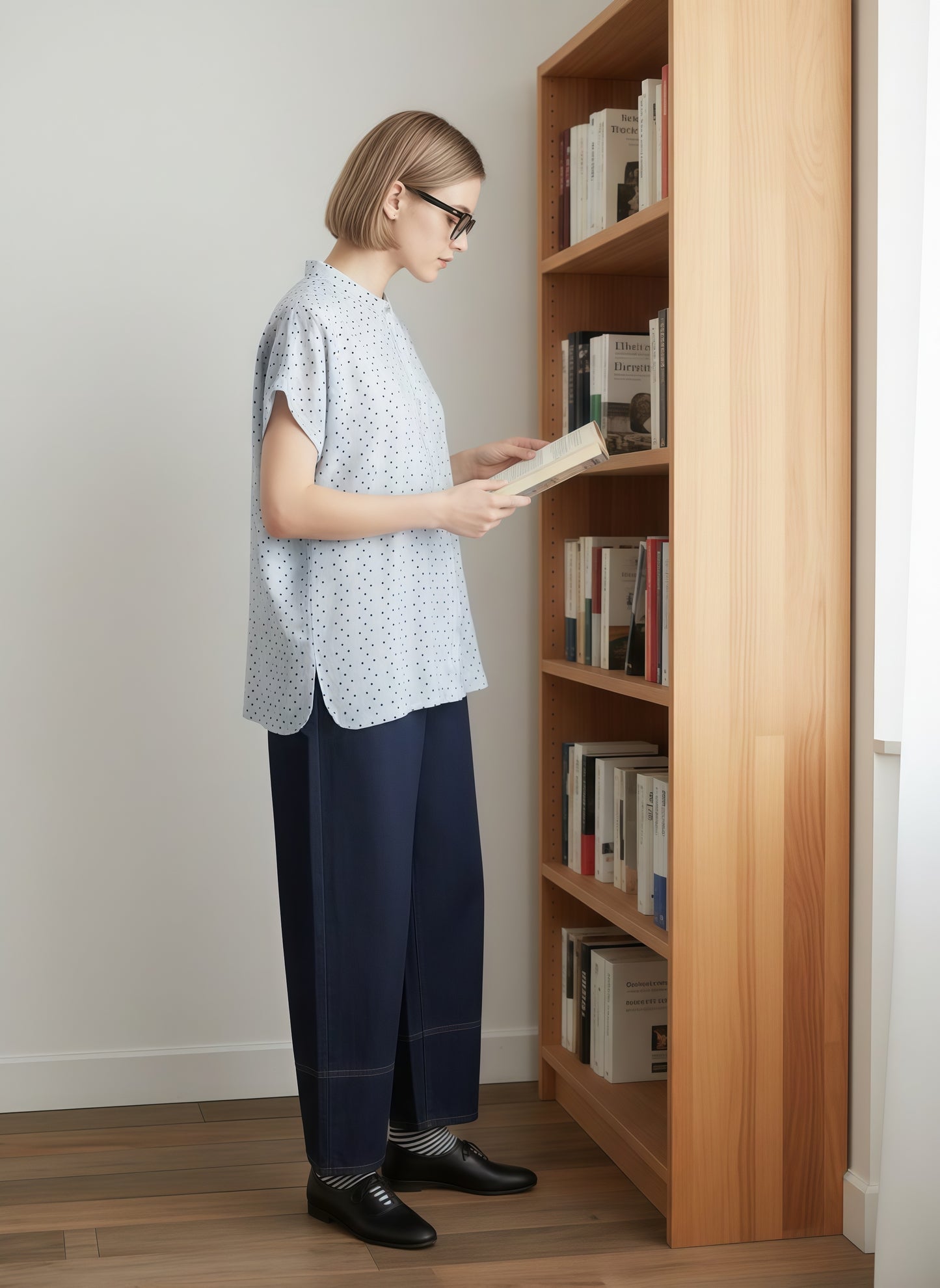 KNGT633・BOXYルーズフィットの小さなスクエア柄半袖ブラウス定番