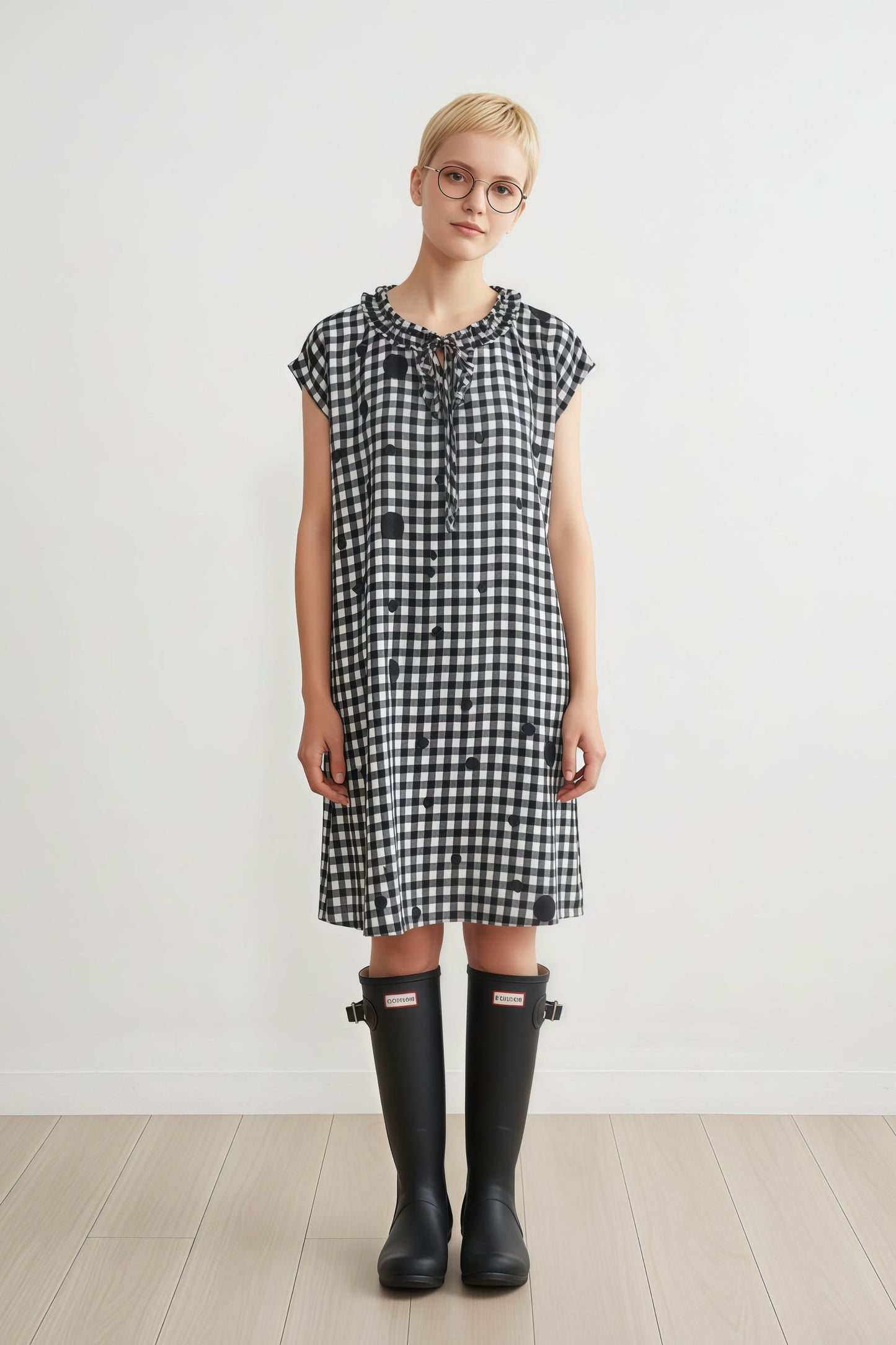 KNGT637・チェック水玉プリントフリル衿のとろみデシンチュニック丈ノースリーブワンピース