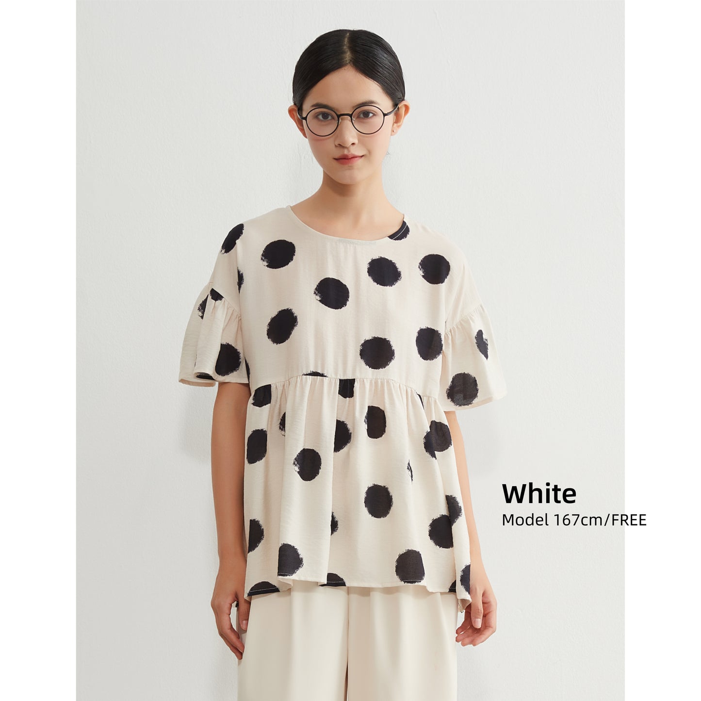 KNGT638・かすれビッグドットたっぷりギャザー切替TOPプルオーバー