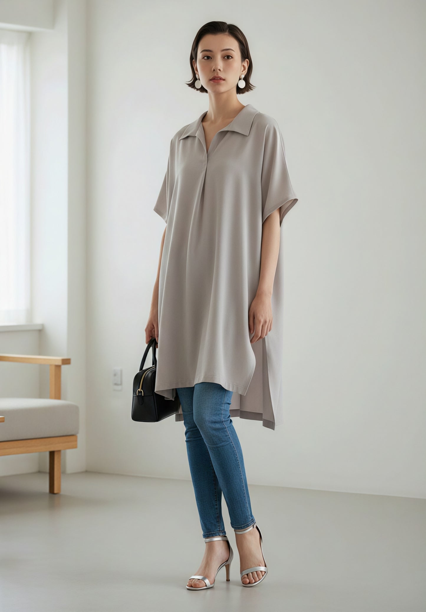 KNST352・ルーズフィットスキッパーカラーチュニックトップ
