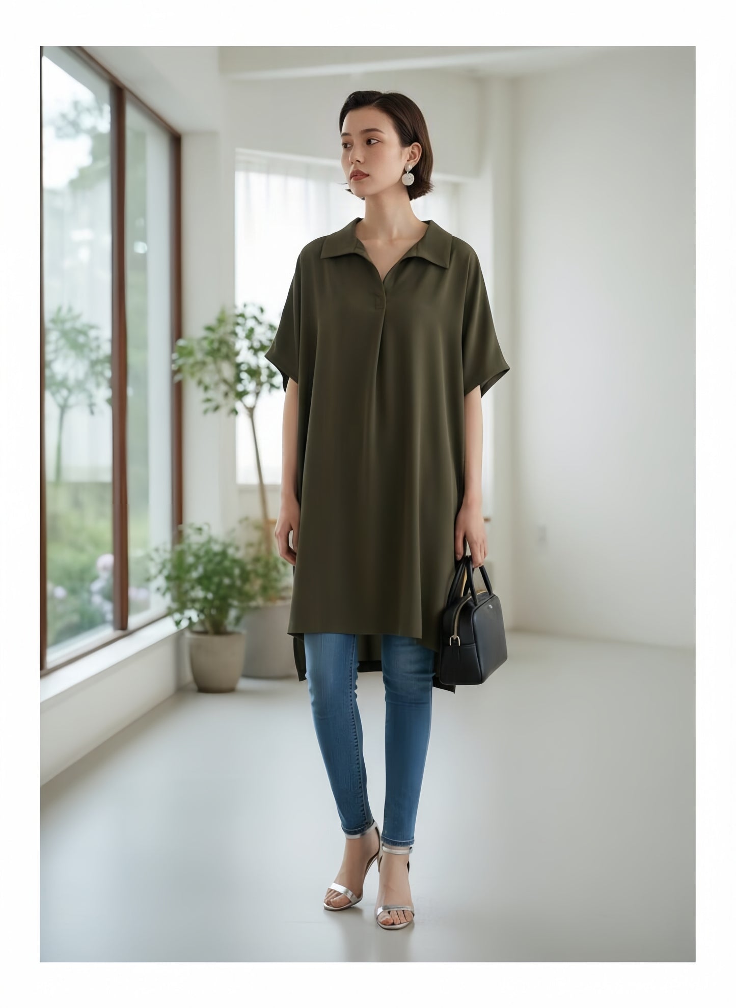 KNST352・ルーズフィットスキッパーカラーチュニックトップ