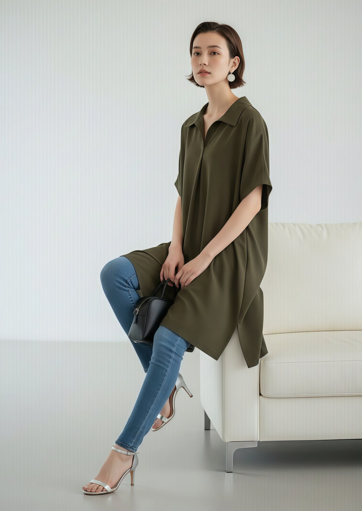 KNST352・ルーズフィットスキッパーカラーチュニックトップ